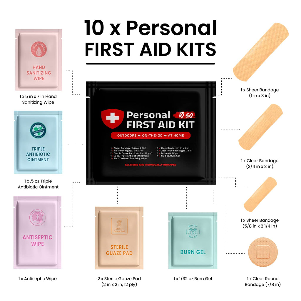 Portable Travel Size First Aid Kit - 10 Pack | Perfect for Home, Office, Car, School, Business, Travel, Hiking, Hunting, and Out