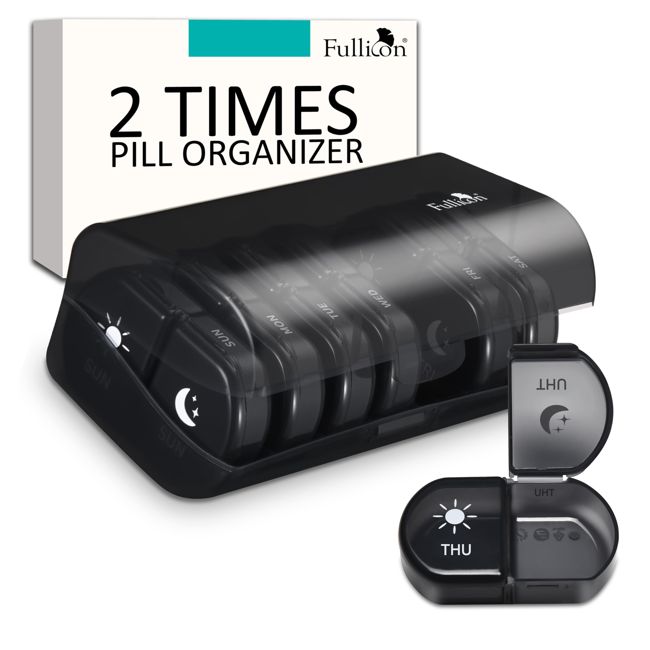 Fullicon Large Capacity Pill Organizer, Secure Pill Case with Durable Printing, Spill Proof Daily Pill Organizer, 7 Day Pill Box