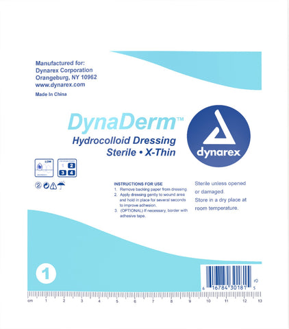 Dynarex DynaDerm Hydrocolloid Dressings, Sterile Moist Bandages for Wounds, 6'' x 6,'' Extra Thin & Latex-Free, Ships in Peel-Do