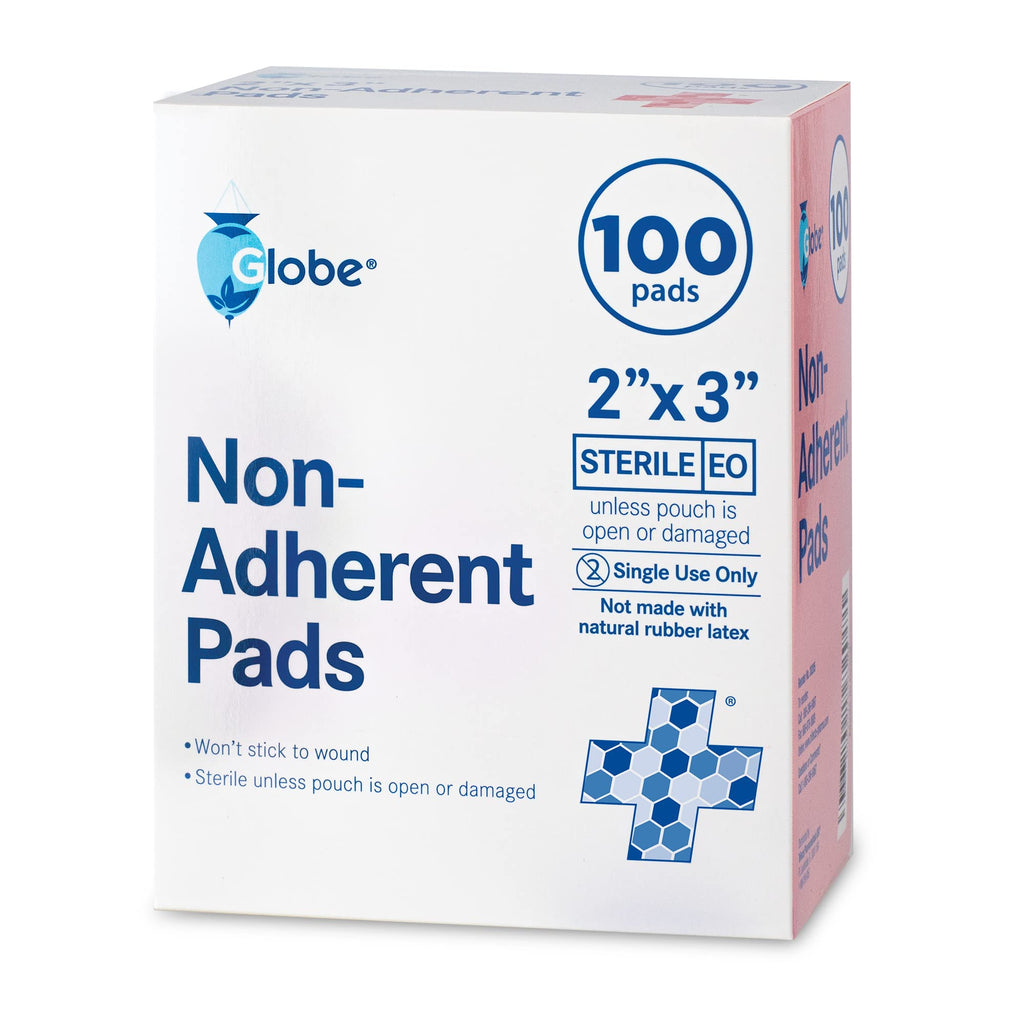 Globe Sterile Non-Adherent Pads, (100-Pack), 2    x 3    Non-Adhesive Wound Dressing. Highly Absorbent & Non-Stick, Painless Rem