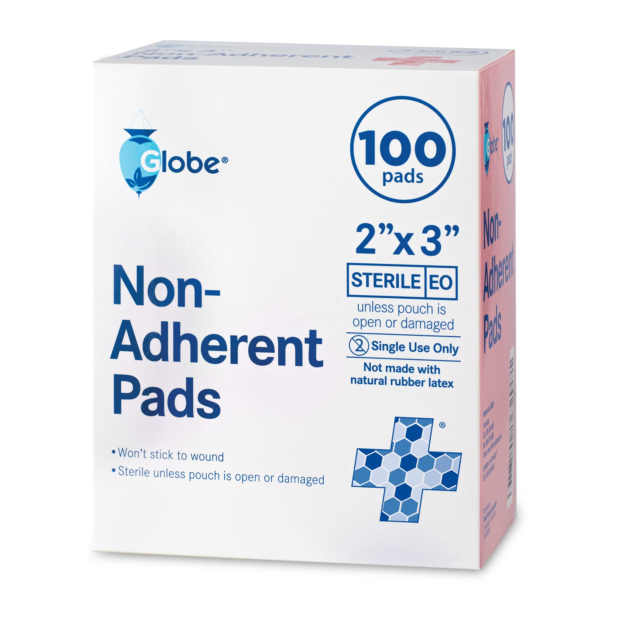Globe Sterile Non-Adherent Pads, (100-Pack), 2    x 3    Non-Adhesive Wound Dressing. Highly Absorbent & Non-Stick, Painless Rem