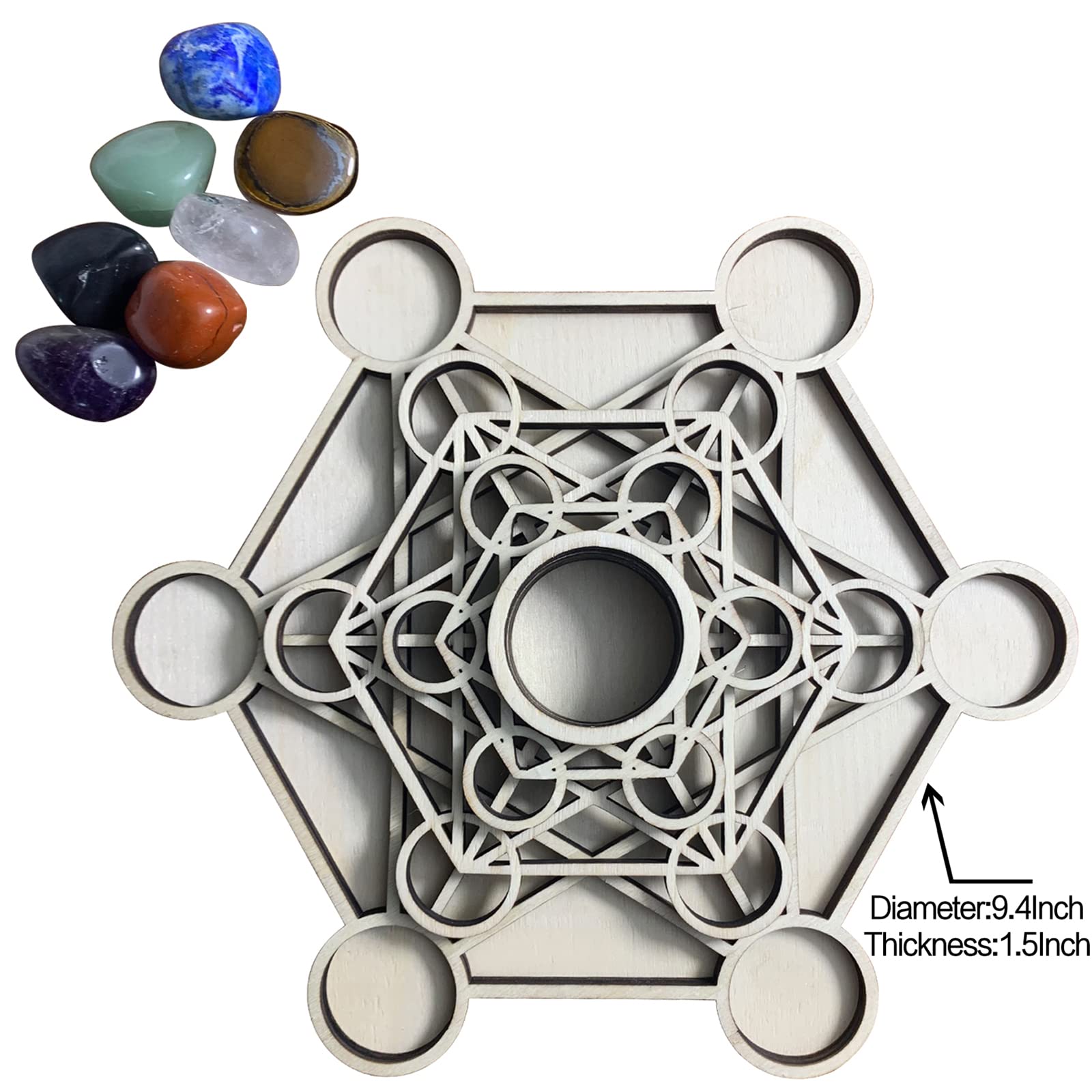 Metatron Crystal Grid Wooden Art 3D Metatron's Healing Energy with 7 Pieces Rough Seven Chakras Crystal Stone Set Sacred Geometr