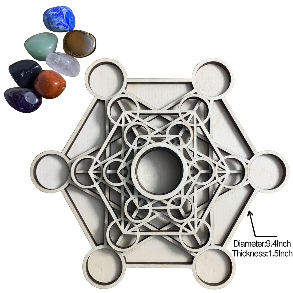 Metatron Crystal Grid Wooden Art 3D Metatron's Healing Energy with 7 Pieces Rough Seven Chakras Crystal Stone Set Sacred Geometr