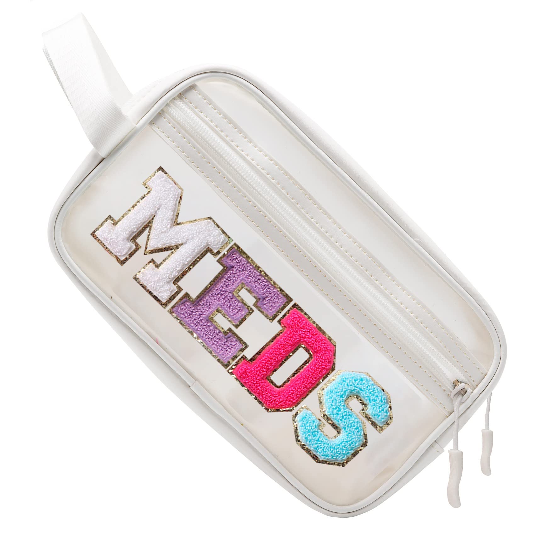 COSHAYSOO Clear MEDS Bag Medicine Zipper Pouch with Preppy Chenille Letter Patch, Small Medication Drug Pills Travel Storage Cas