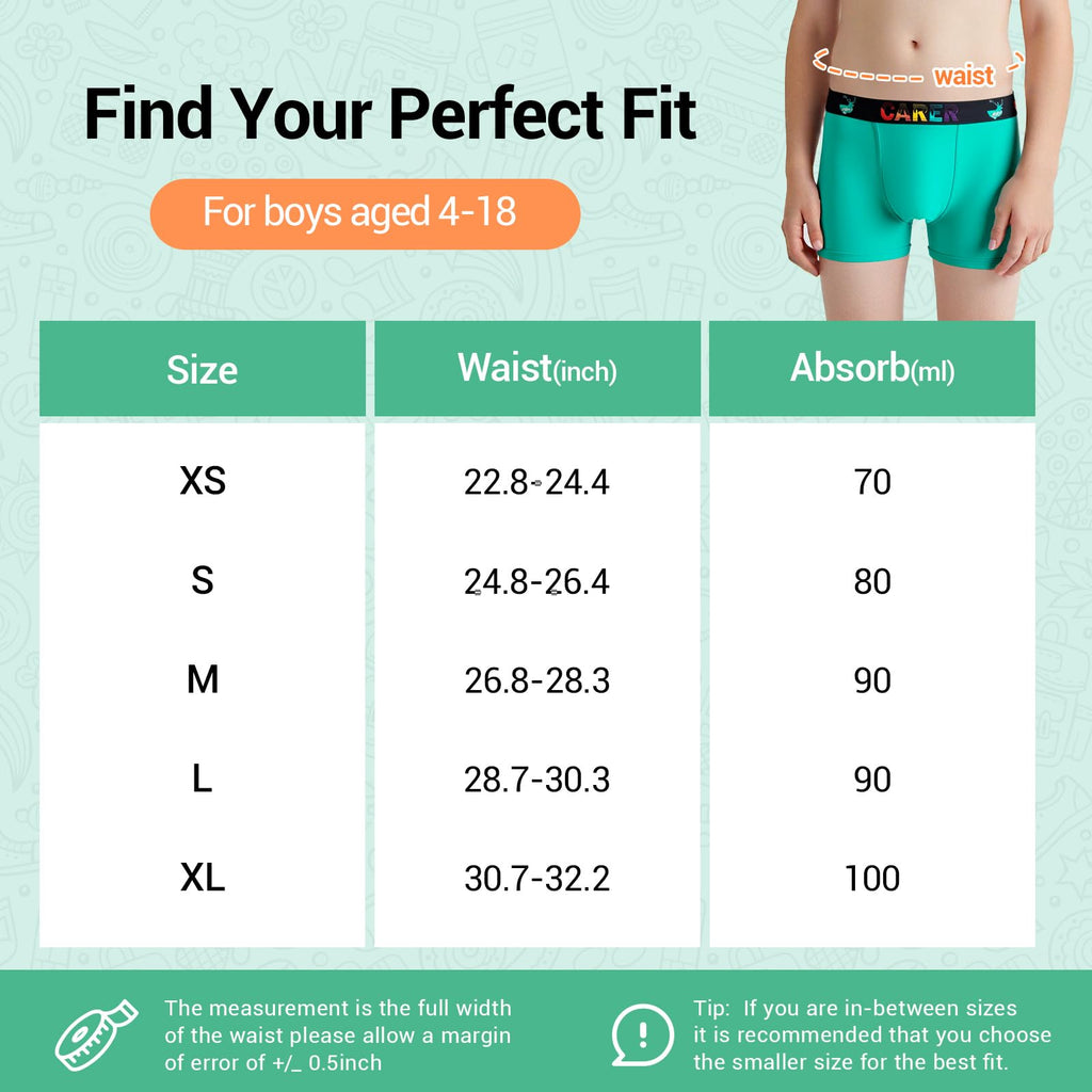 Carer Boys Incontinence Underwear Washable Kids Cotton Incontinence Boxer Briefs with Front Absorbency 100ml Reusable Leak Proof