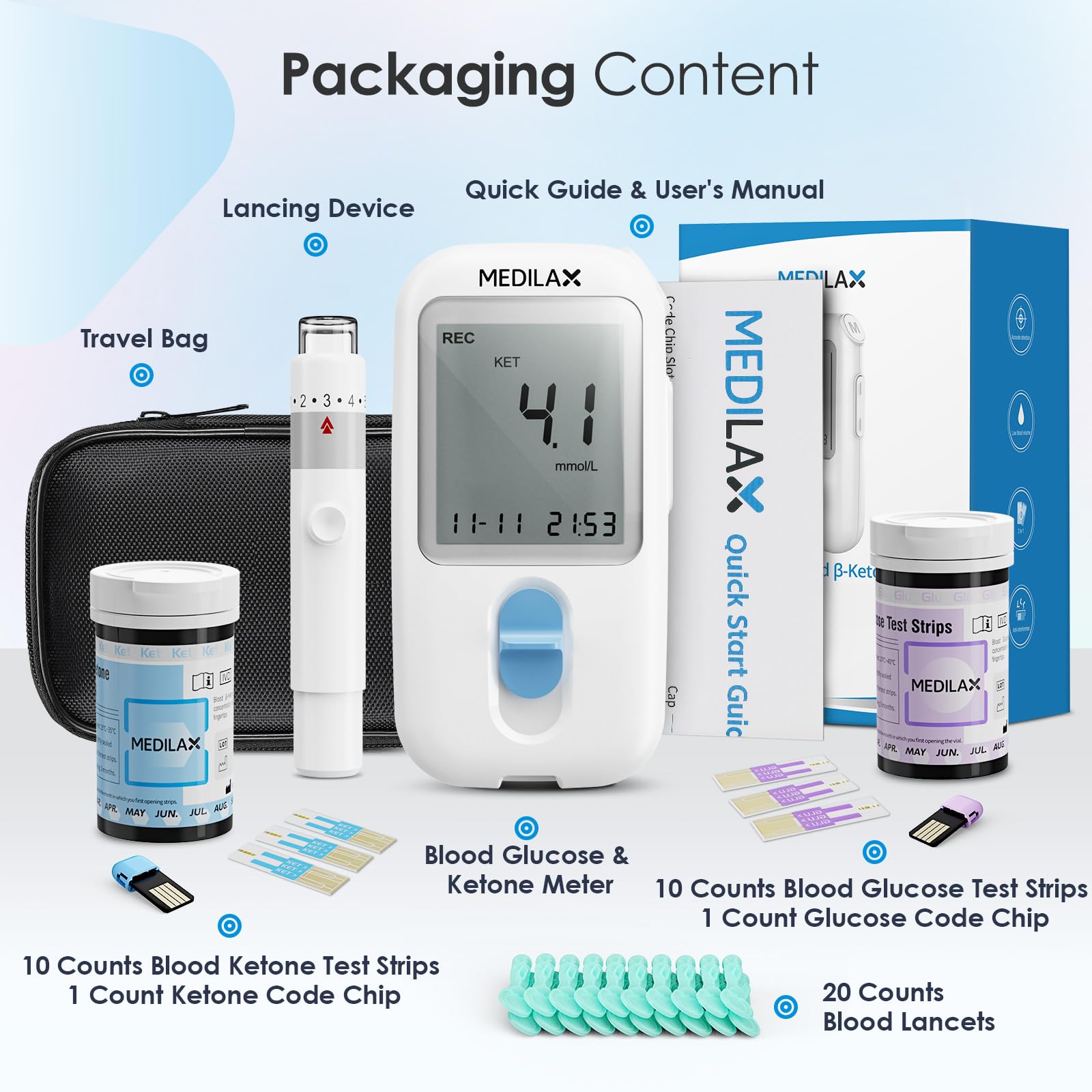 Medilax Ketone Monitor and Glucose Meter Kit - Dual Blood Sugar and Ketone Test Meter Kit with 10 Ketone Test Strips, 10 Glucose