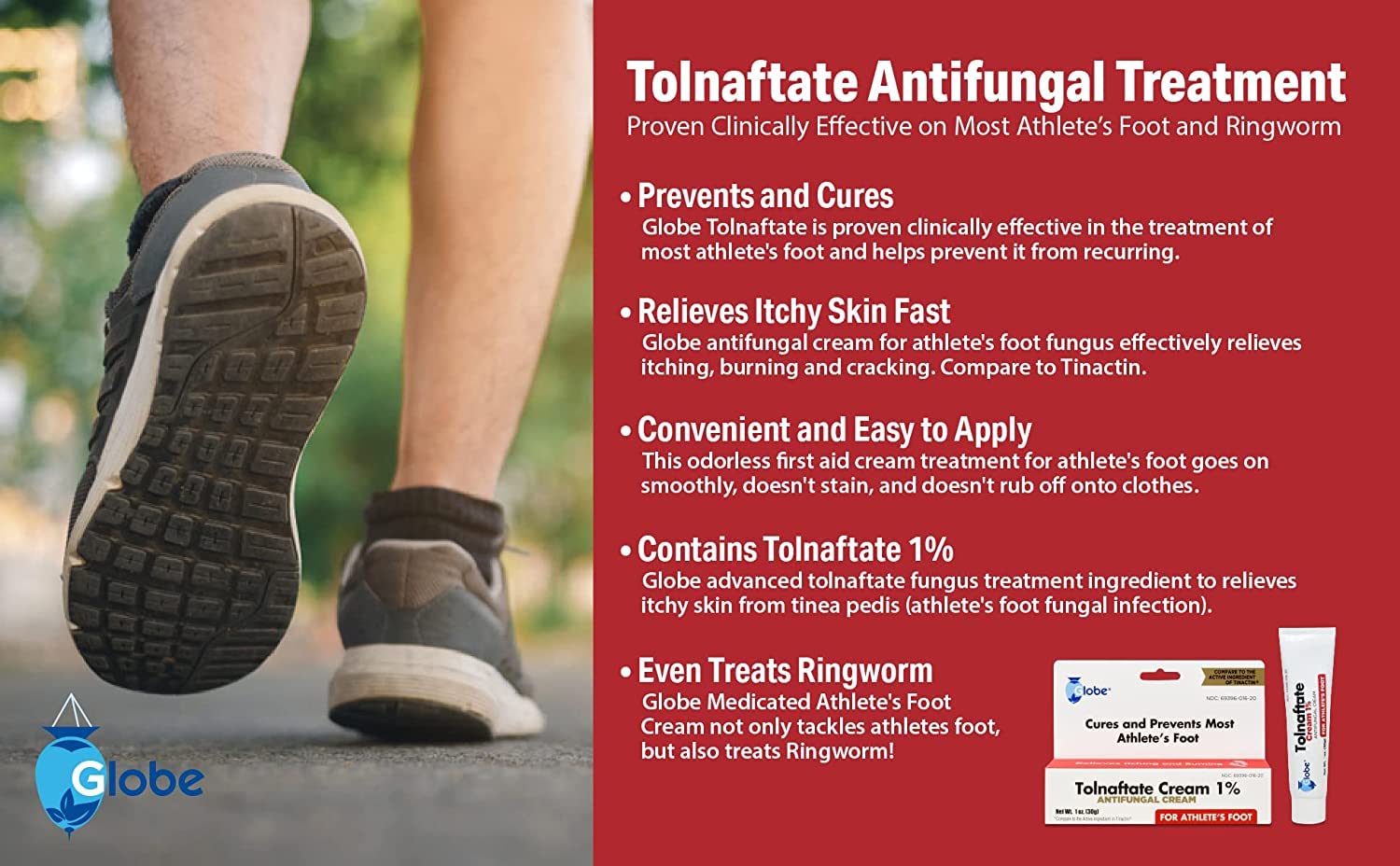 (6 Pack) Globe Tolnaftate 1% Cream 1 oz, Antifungal Treatment, Proven Clinically Effective on Most Athletes Foot and Ringworm, C