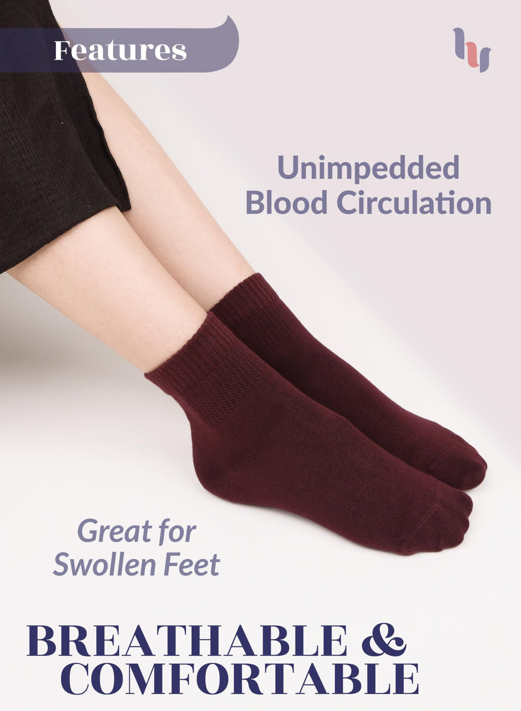 Hugh Ugoli Women Diabetic Ankle Socks, Super Soft & Thin Bamboo Socks, Wide & Loose, Non-Binding Top & Seamless Toe, 4 Pairs, Bu