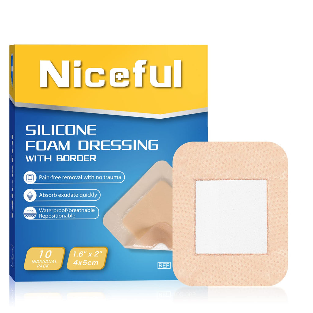Niceful 10 Count Silicone Foam Dressing 1.6 x 2, Wound Dressing for Minor Surgical Incisions, Abrasions, Absorbent Silicone Band