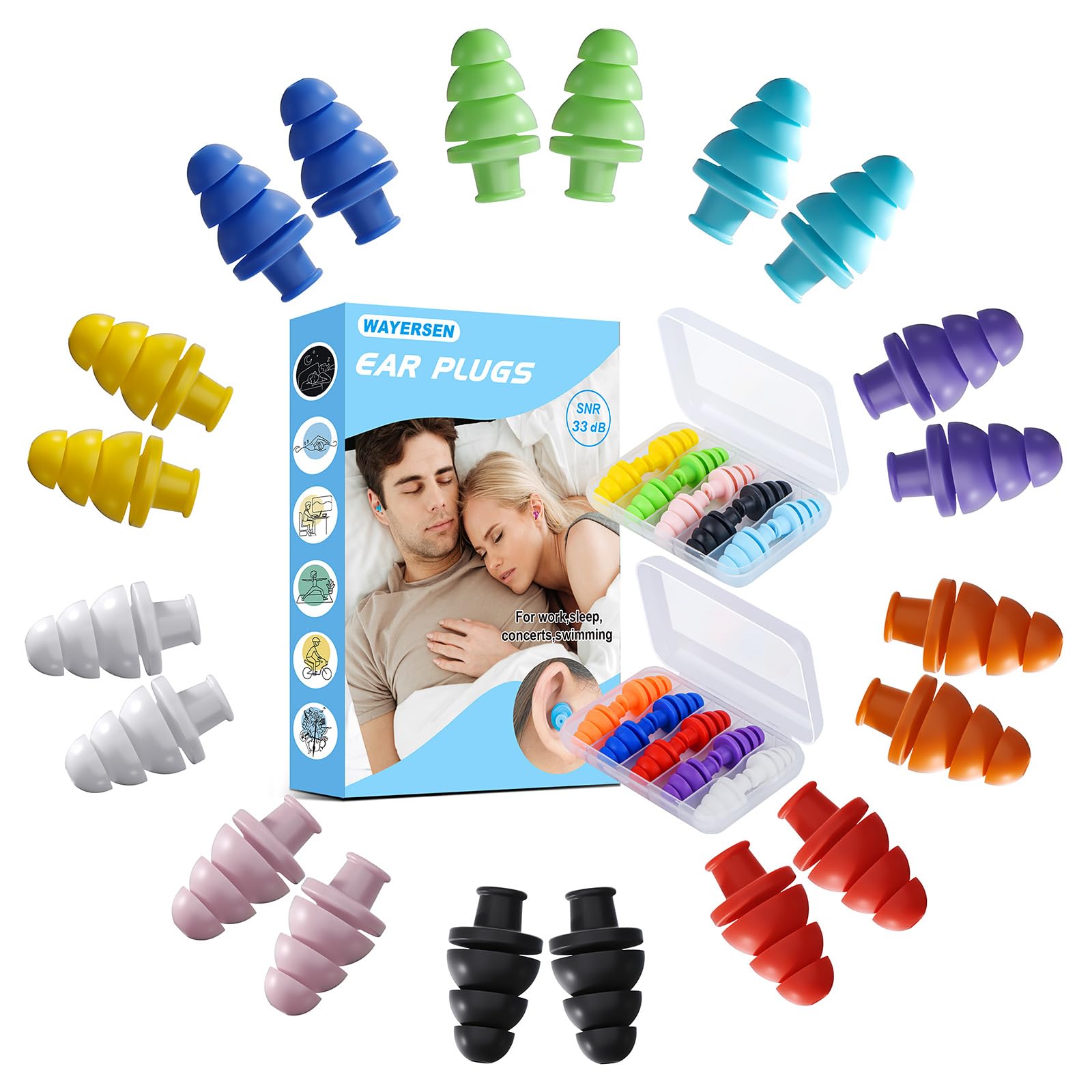 Ear Plugs for Sleeping Noise Cancelling, 10 Pairs Reusable Earplugs for Sleeping, Concert, Snoring, Travel, Work, 10 Colors, 33d