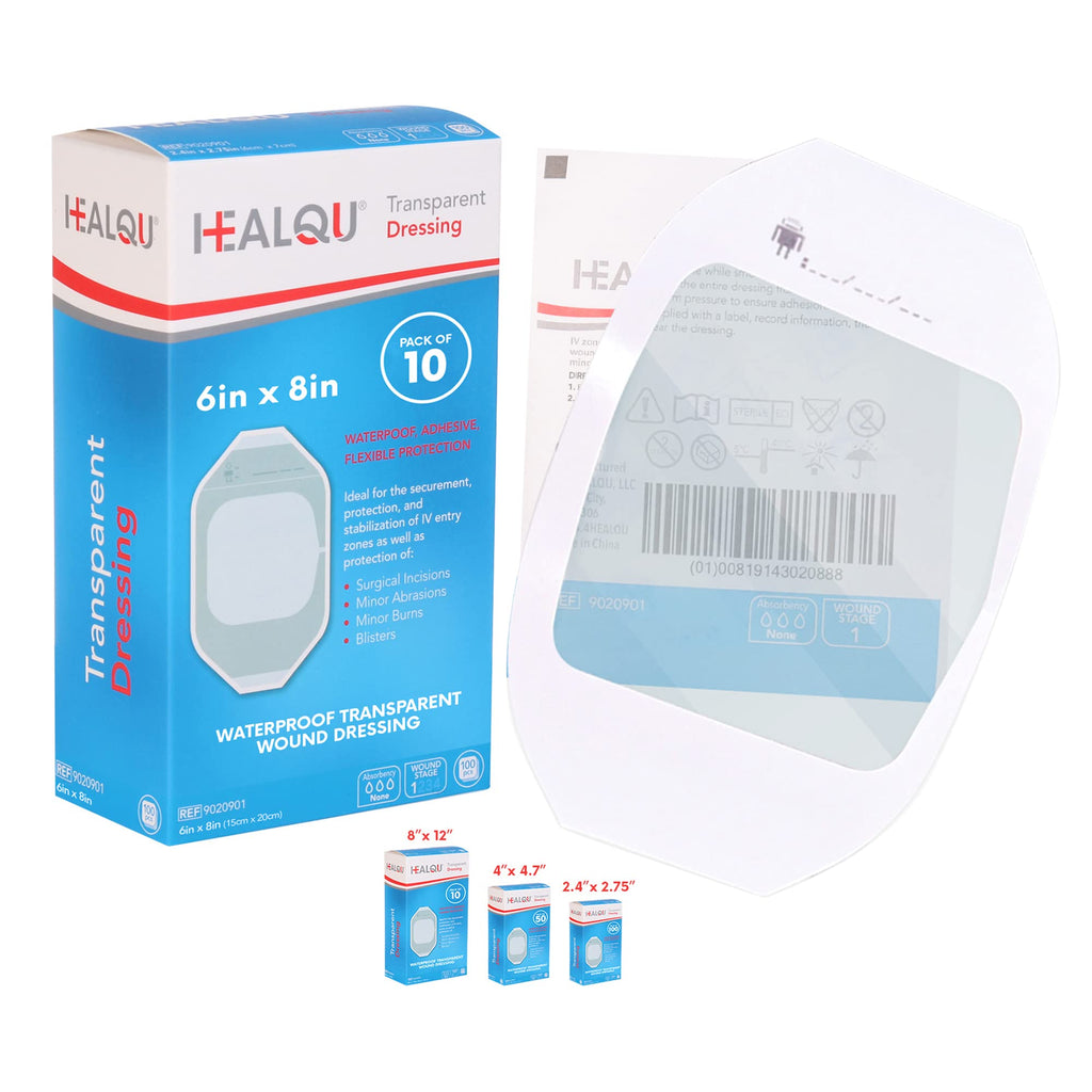 HEALQU Transparent Film Dressing, 6'' x 8'' Pack of 10 Waterproof Wound Bandage Adhesive Patches, Post Surgical Shower or IV Shi