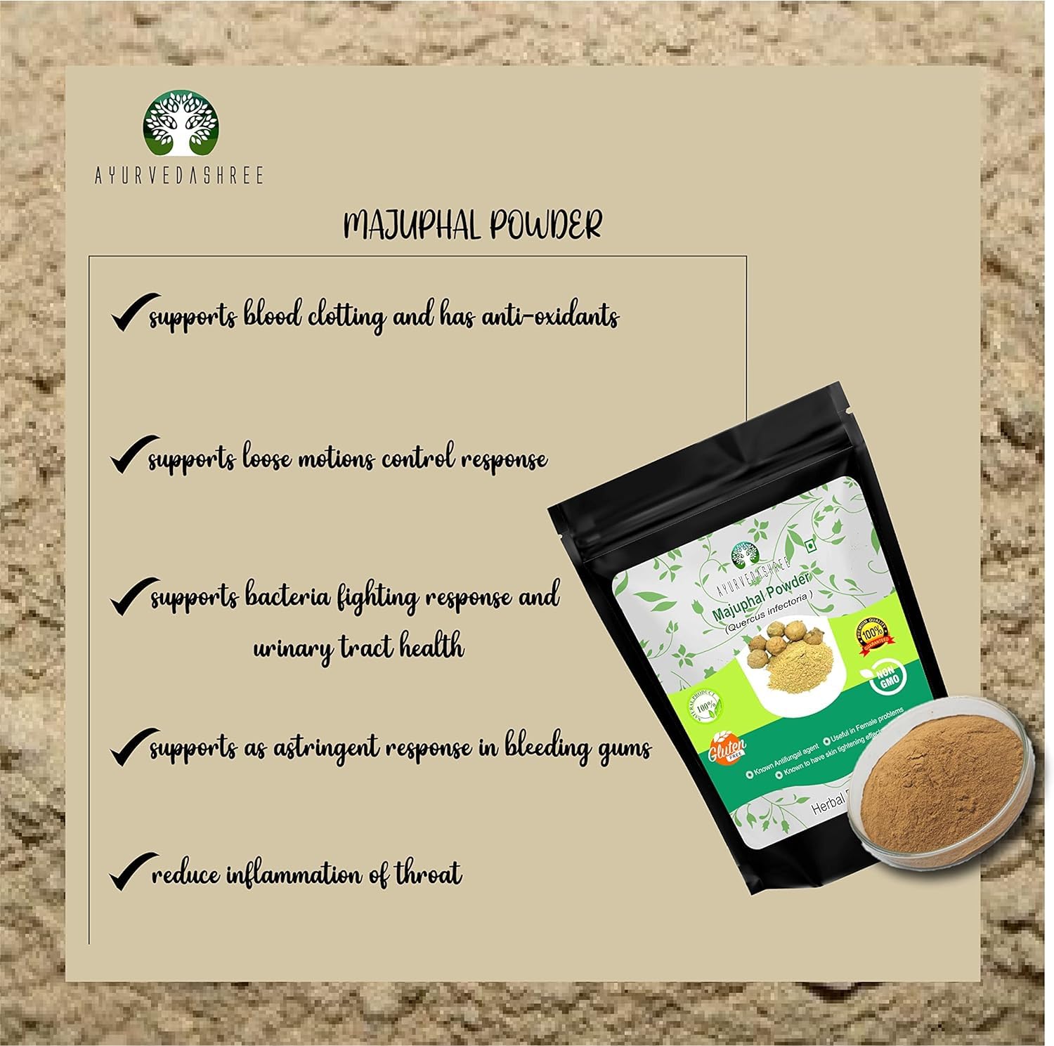 AYURVEDASHREE Majuphal Powder 100 Gm | Galnuts Powder (Quercus infectoria) | 100% Pure Quercus Infectoria/Majuphal/Manjakani