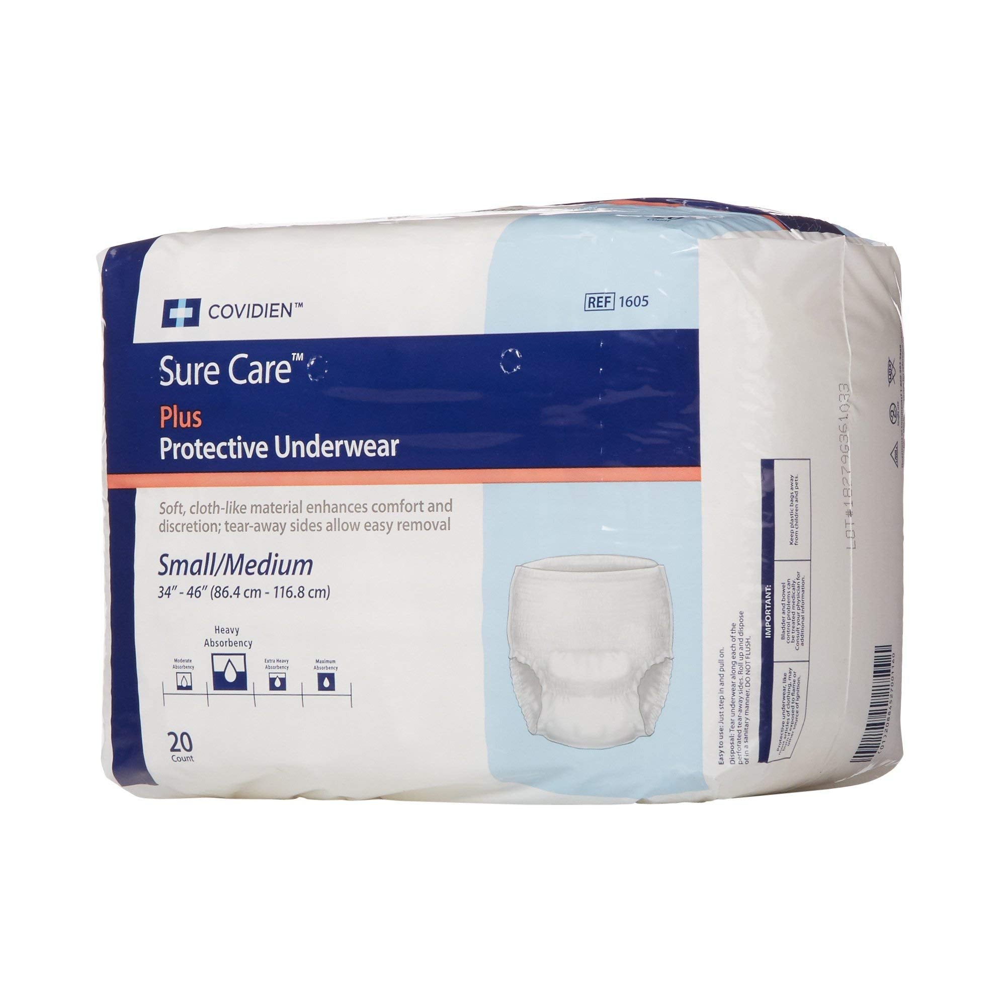 Covidien 1605 SureCare Protective Underwear, Heavy Absorbency, Medium, 34 - 46 Size (Pack of 20)