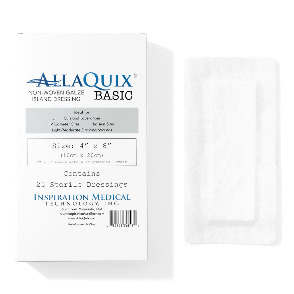 AllaQuix Basic Non-Woven Gauze Island Dressing 4    x 8    (Box of 25) Advanced Wound Care - Medical-Grade Adhesive Gauze Pads