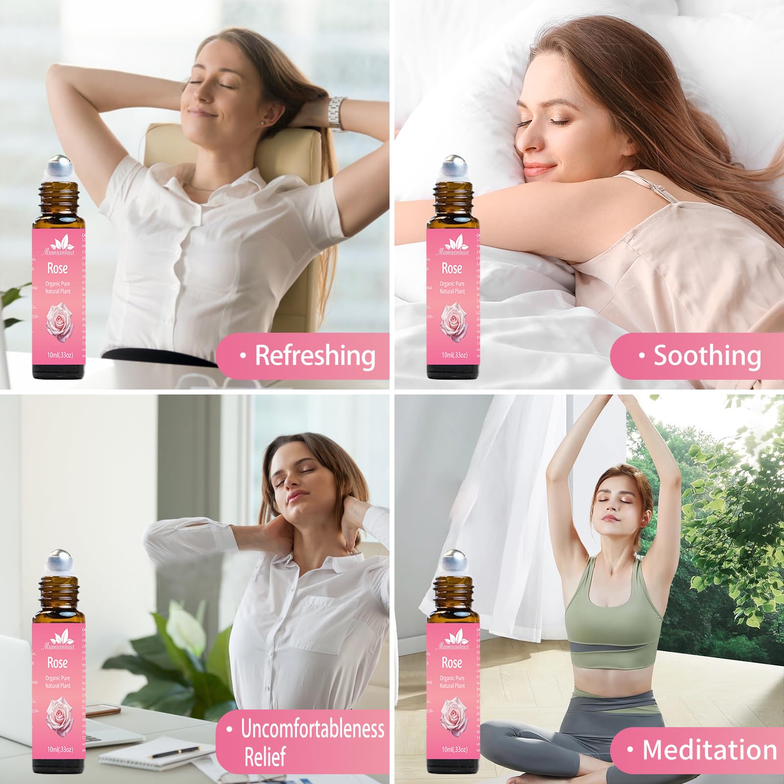 Rose Essential Oil Roll On, Mumianhua Diluted Rose Oil Touch Essential Oil, Aromatherapy Roller Oil for Skin, Body, Hair, Women,