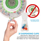 LiveFine Automatic Pill Dispenser with Removable Cups, 21 Compartments, 9 Dosage Rings, Alarm Reminder, LCD Display, Sound & Lig