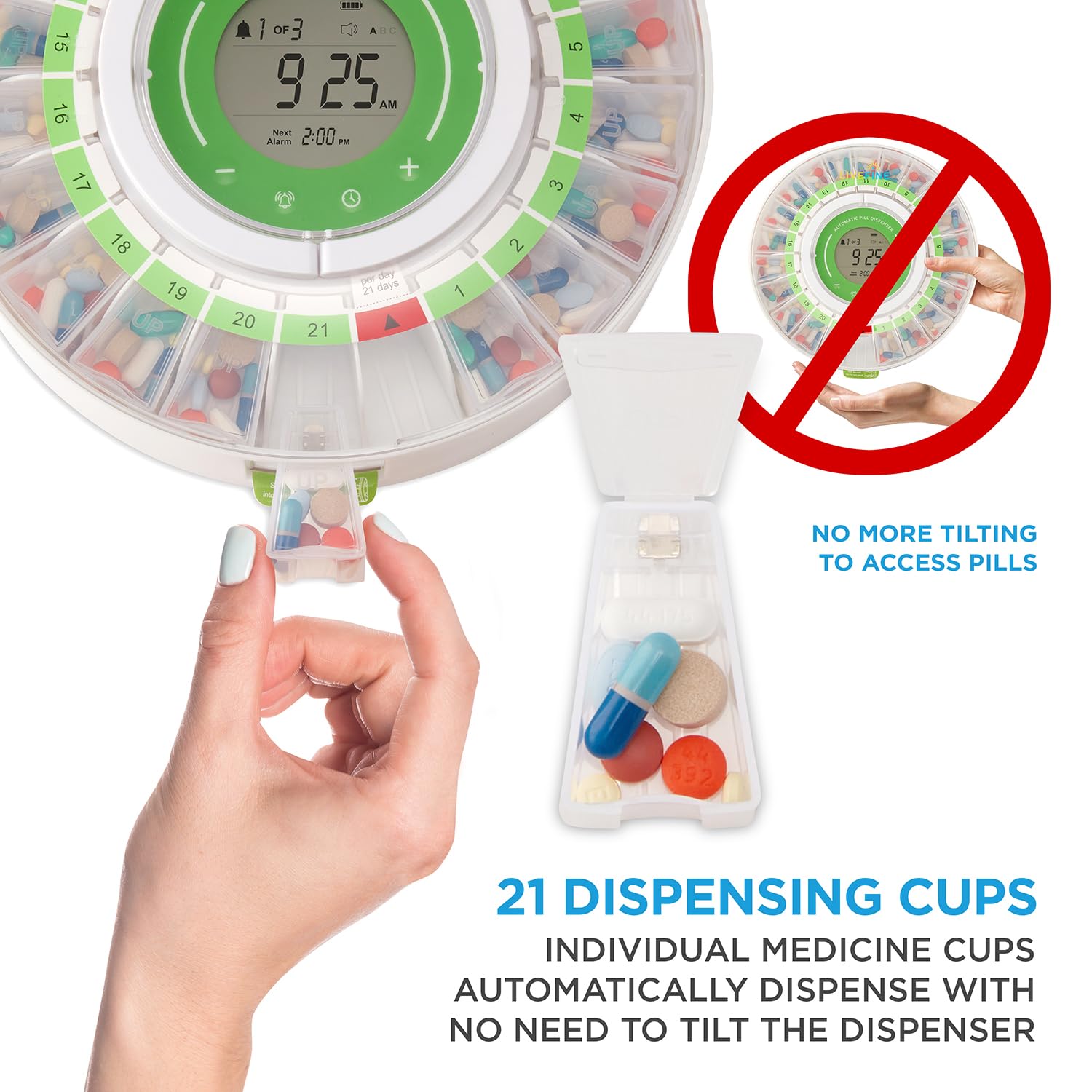 LiveFine Automatic Pill Dispenser with Removable Cups, 21 Compartments, 9 Dosage Rings, Alarm Reminder, LCD Display, Sound & Lig