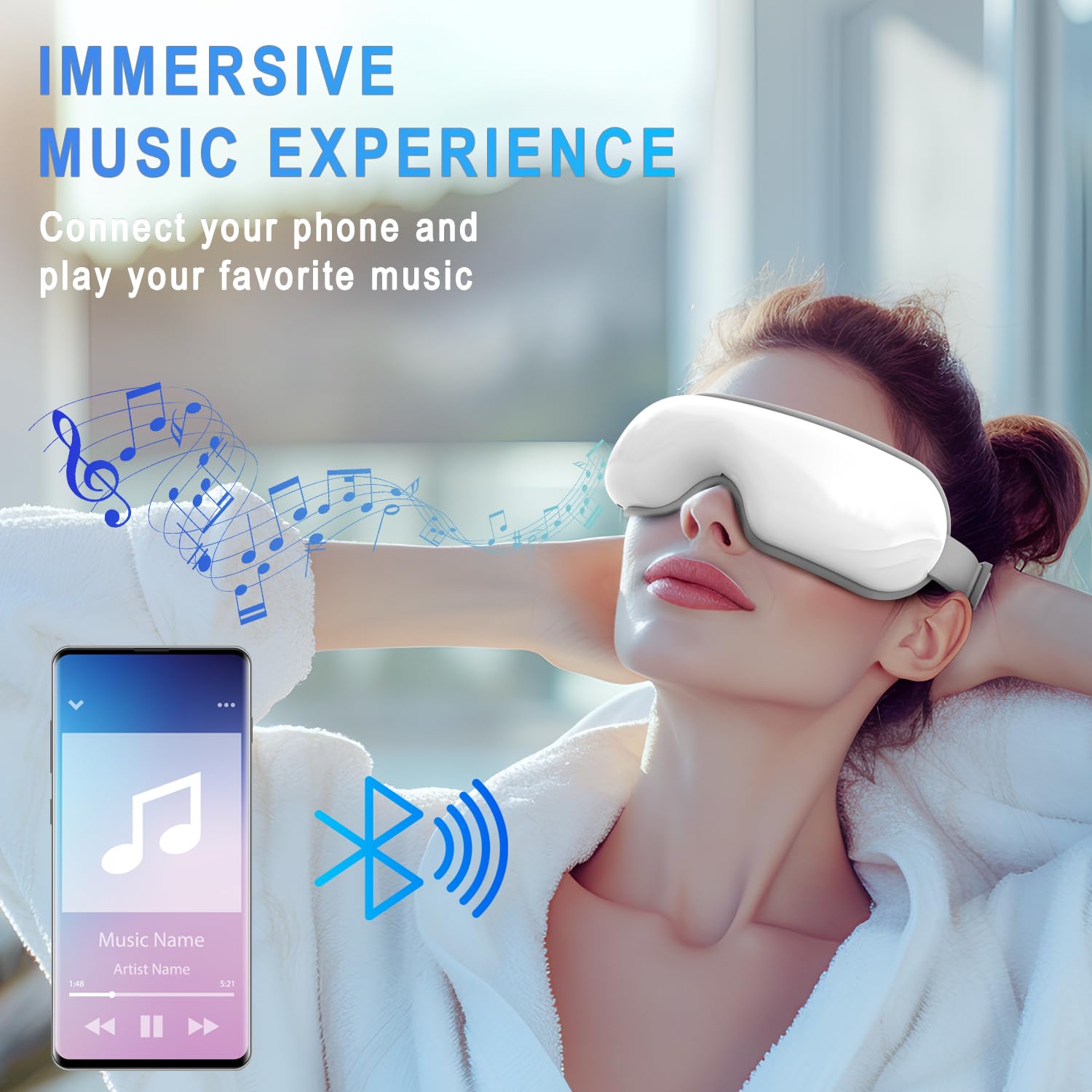 Eye Massager with Heat & Bluetooth Music - Rechargeable Eye Mask for Migraine Relief & Sleep Improvement,Includes EVA Travel Cas