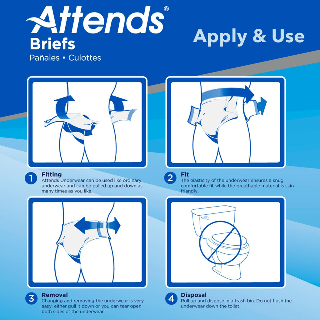Attends Stretch Adult Disposable Briefs, Medium/Regular, 31-52 Waist with Tab Closure, Ultimate Absorbency with Dry-Lock Contain