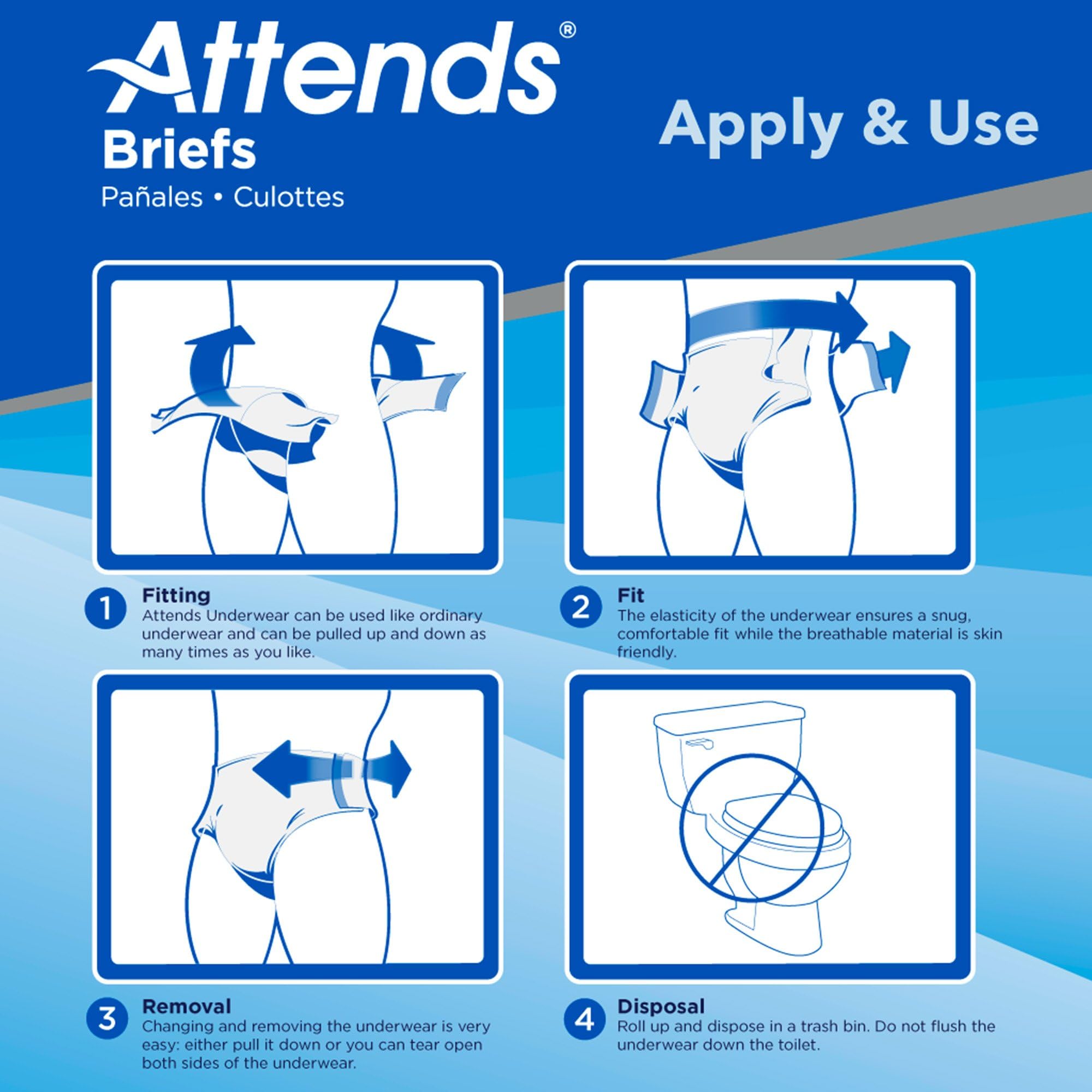Attends Stretch Adult Disposable Briefs, Medium/Regular, 31-52 Waist with Tab Closure, Ultimate Absorbency with Dry-Lock Contain