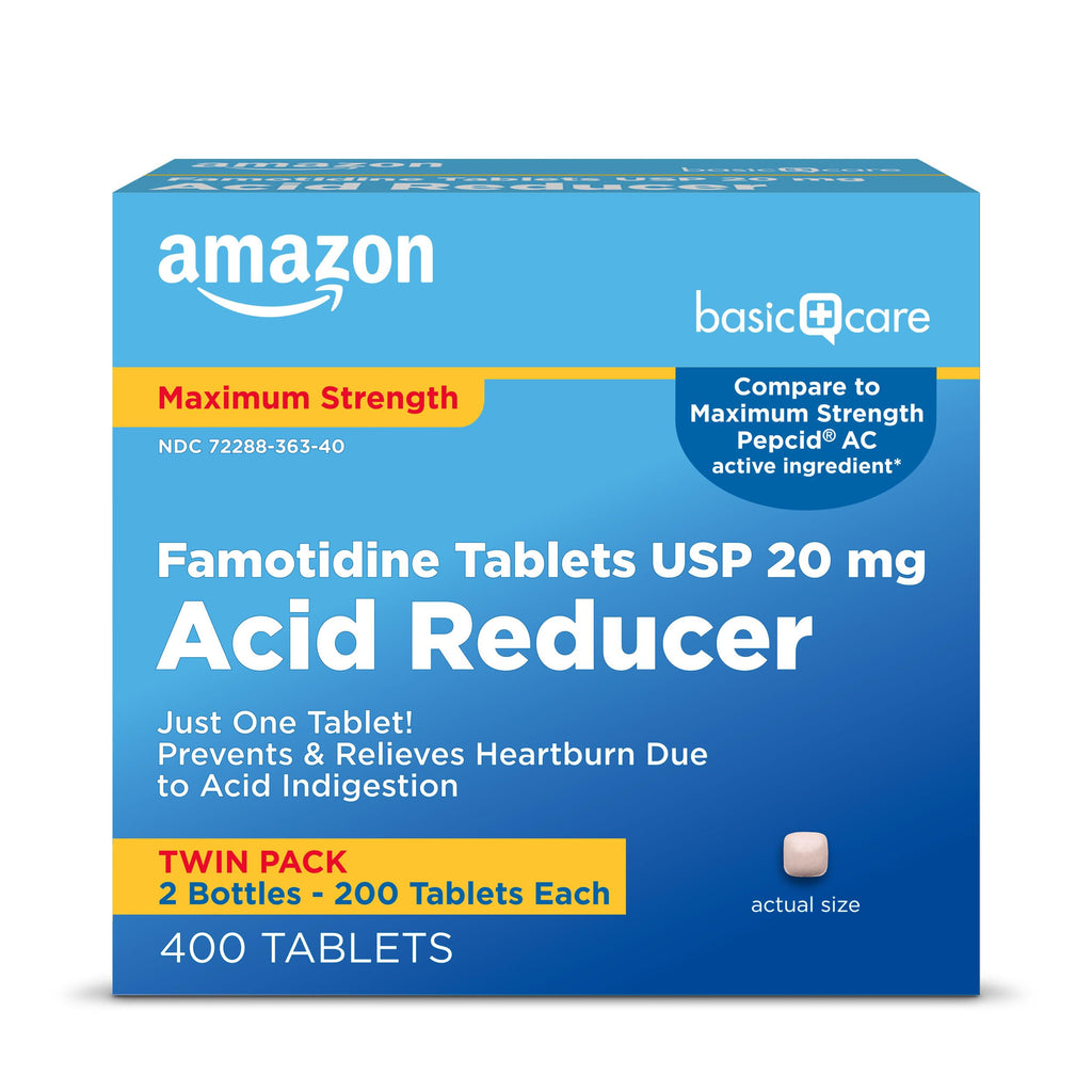 Amazon Basic Care Maximum Strength Famotidine Tablets 20 mg, Acid Reducer for Heartburn Relief, 400 Count (Packaging may vary)