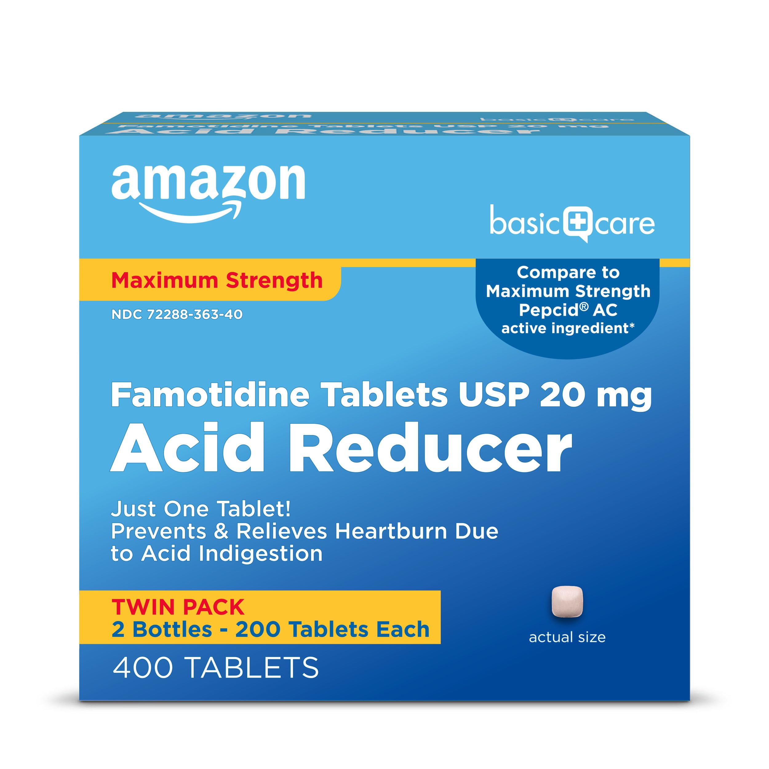 Amazon Basic Care Maximum Strength Famotidine Tablets 20 mg, Acid Reducer for Heartburn Relief, 400 Count (Packaging may vary)