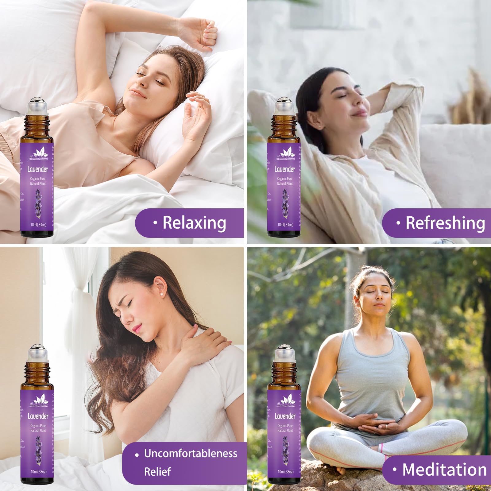 Mumianhua Lavender Essential Oil Roll-On Therapeutic Grade, Pre-Diluted Lavender Oil for Relaxation, Focus Pulse Points, Pillow,
