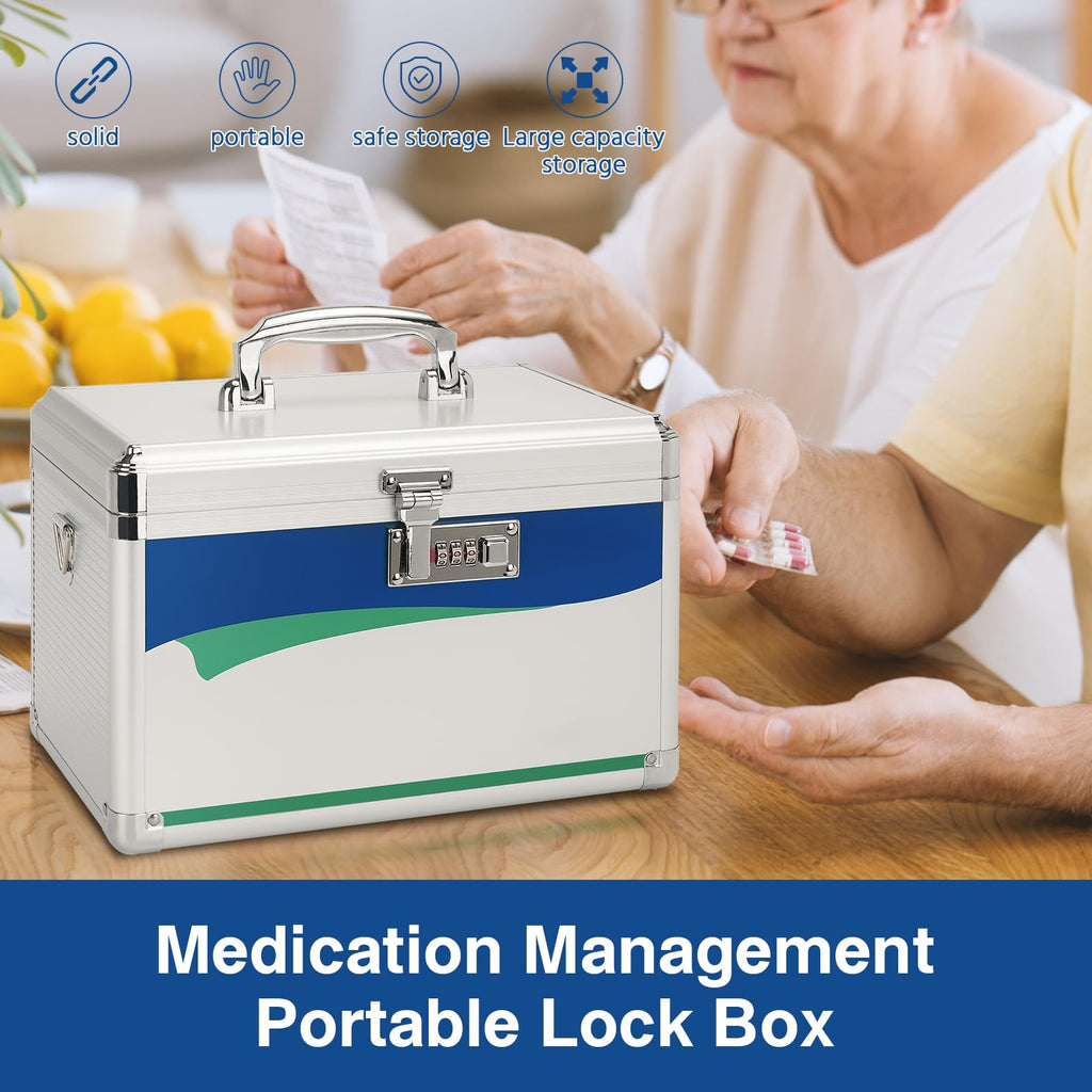 LOCKCURX Medication Lock Box - Childproof Medicine Box with Combination Lock, Medical Storage Box with Tray, Travel First Aid Bo