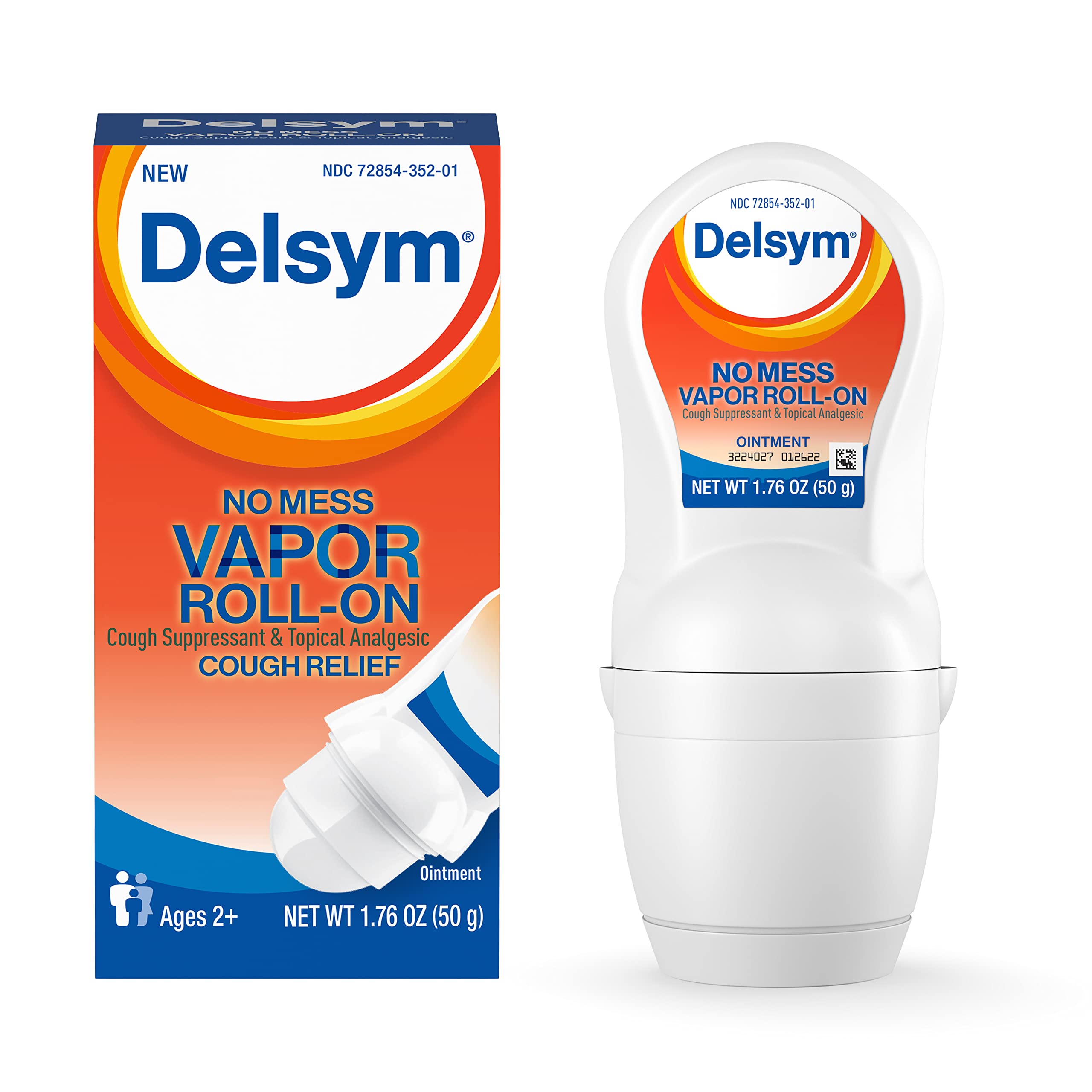 Delsym No Mess Vapor Roll-On Cough Suppressant & Topical Analgesic 1.76 oz with Camphor, Eucalyptus Oil, Menthol, Adults & Kids,