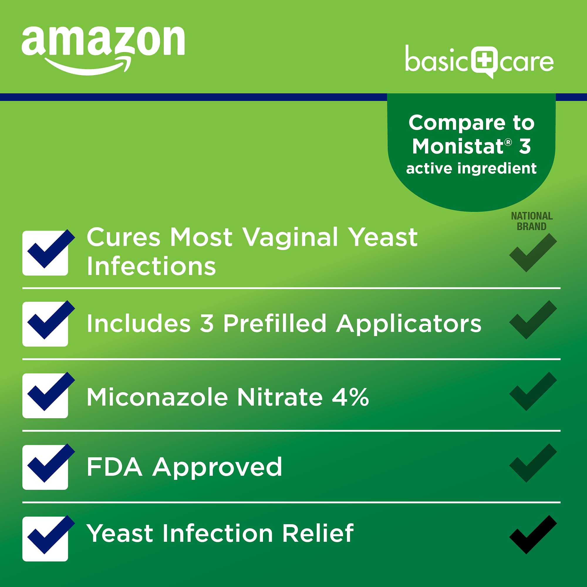 Amazon Basic Care Miconazole Nitrate Vaginal Cream (4 Percent), 3-day Yeast Infection Treatment for Women, 0.18 ounce - 3 count