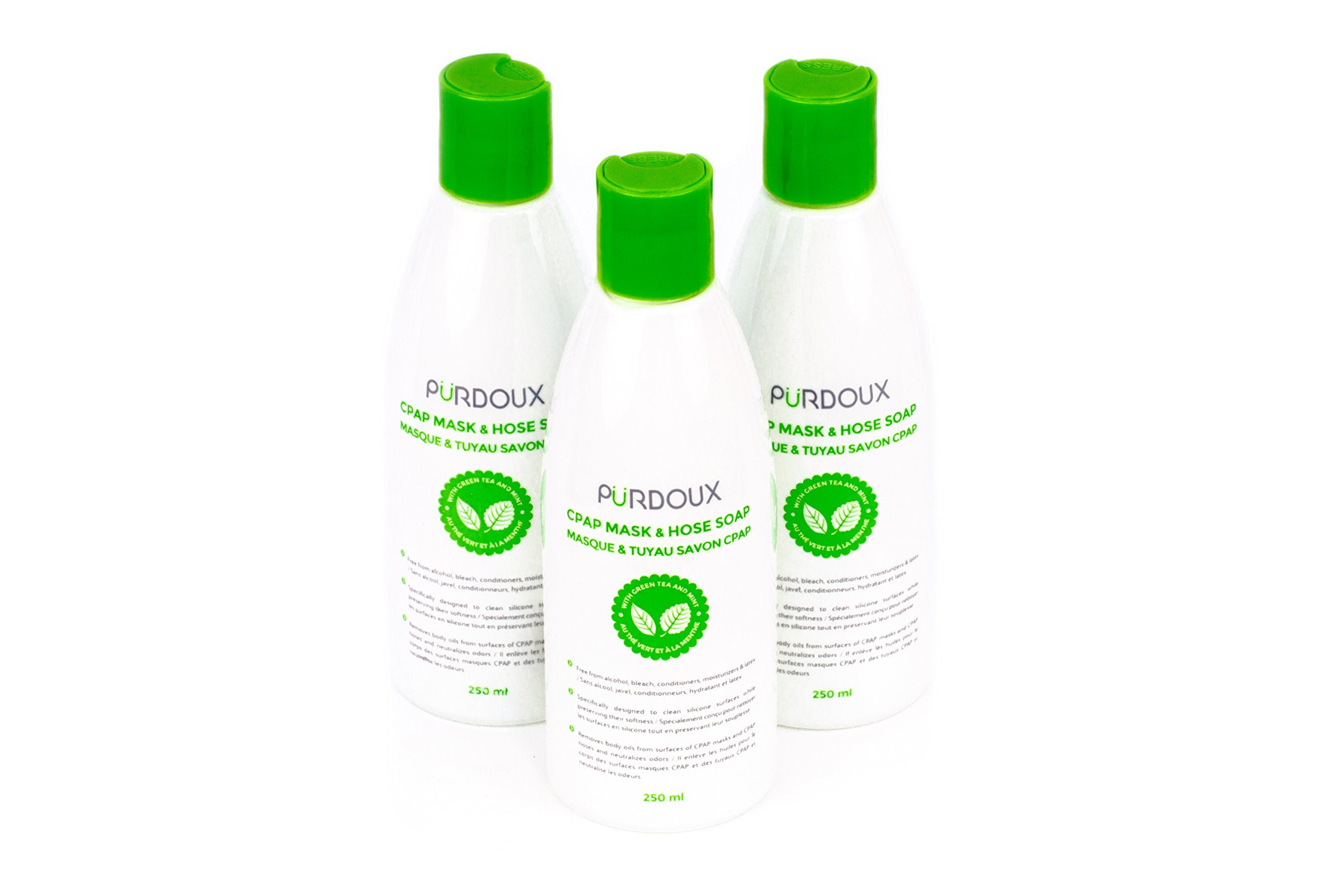 PURDOUX CPAP Mask & Hose Cleaning Soap (Pack of 3 Bottles, 250 ml / 8.4 oz Each) (3 x Green Tea-Mint Scent)