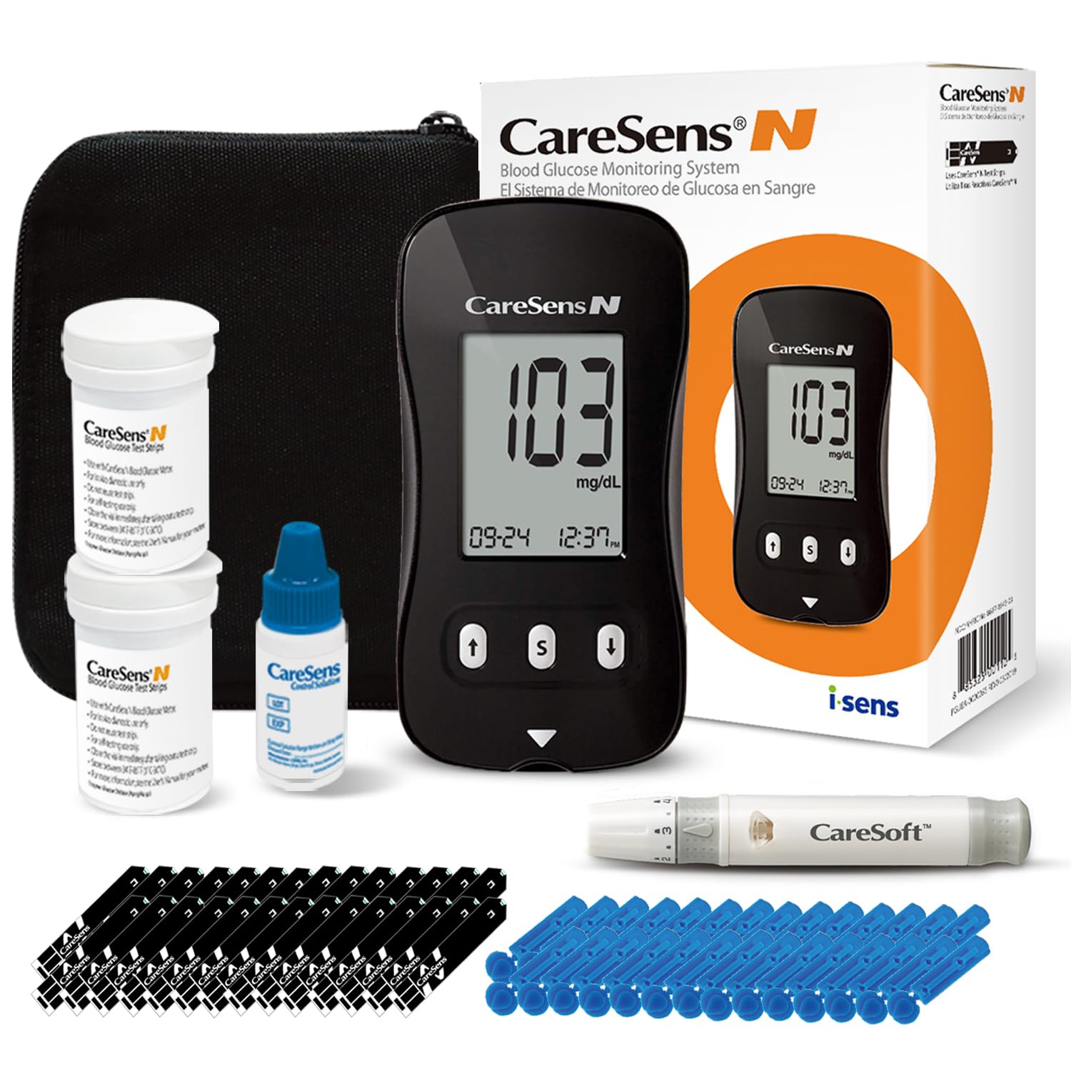 CareSens N Blood Glucose Monitor Kit with 100 Blood Sugar Test Strips, 100 Lancets, 1 Blood Glucose Meter, 1 Lancing Device, 1 C
