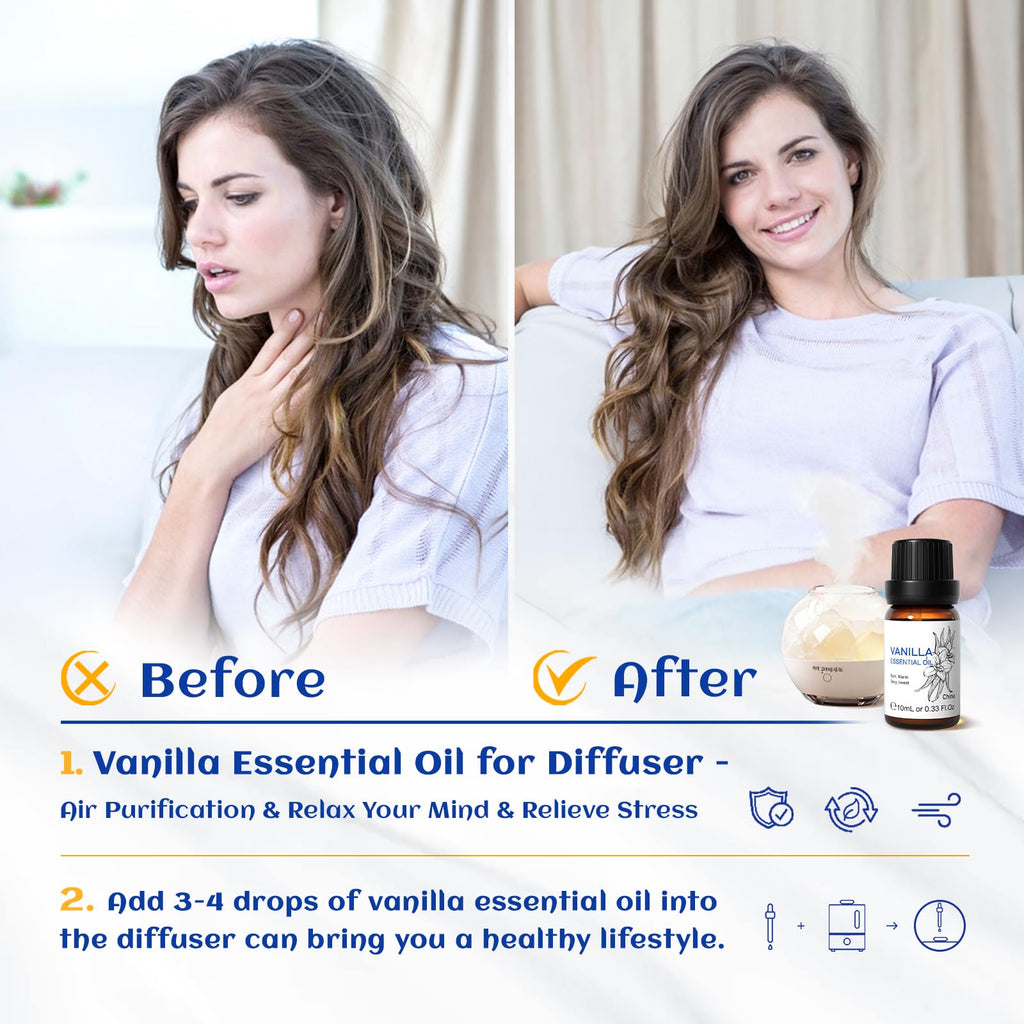 HIQILI 10ml Vanilla Essential Oil, 100% Pure Natural Vanilla Fragrance Oil for Skin, Hair, Massage, DIY Spray, Perfume, Candle,
