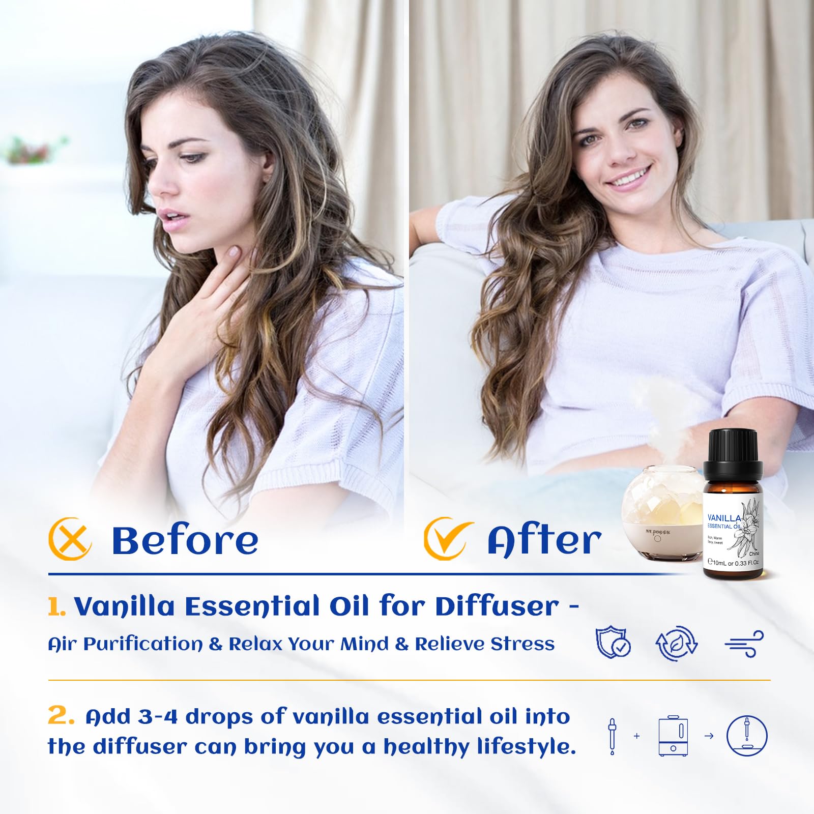 HIQILI 10ml Vanilla Essential Oil, 100% Pure Natural Vanilla Fragrance Oil for Skin, Hair, Massage, DIY Spray, Perfume, Candle,