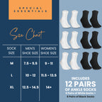 Special Essentials 12 Pairs Cotton Diabetic Ankle Socks - Non-Binding With Extra Wide Top For Men and Women White and Black 9-11