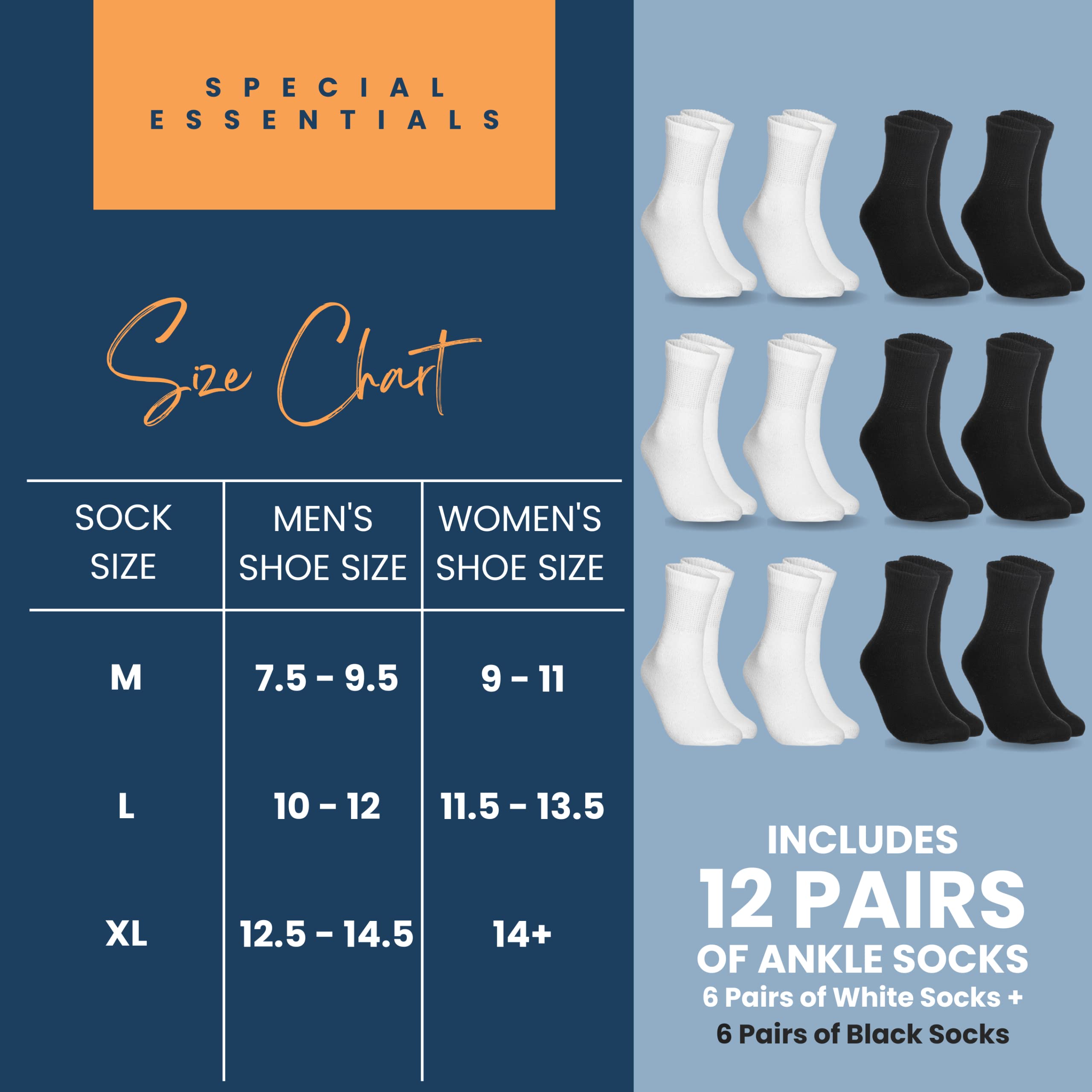 Special Essentials 12 Pairs Cotton Diabetic Ankle Socks - Non-Binding With Extra Wide Top For Men and Women White and Black 9-11