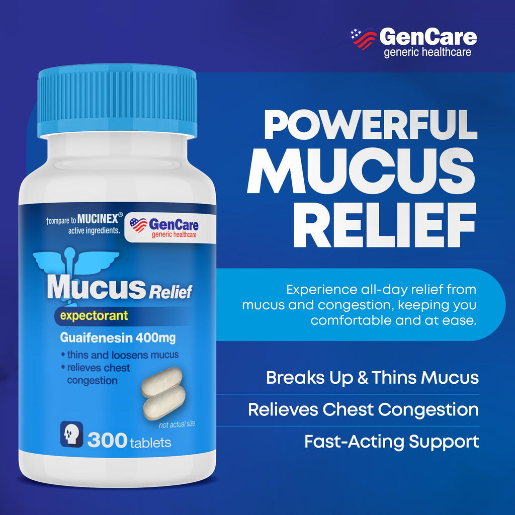 GenCare Mucus Relief Expectorant Guaifenesin 400 mg 300 Tablets Value Pack - Fast Acting Thinning of Mucus for Colds, Chest Cong