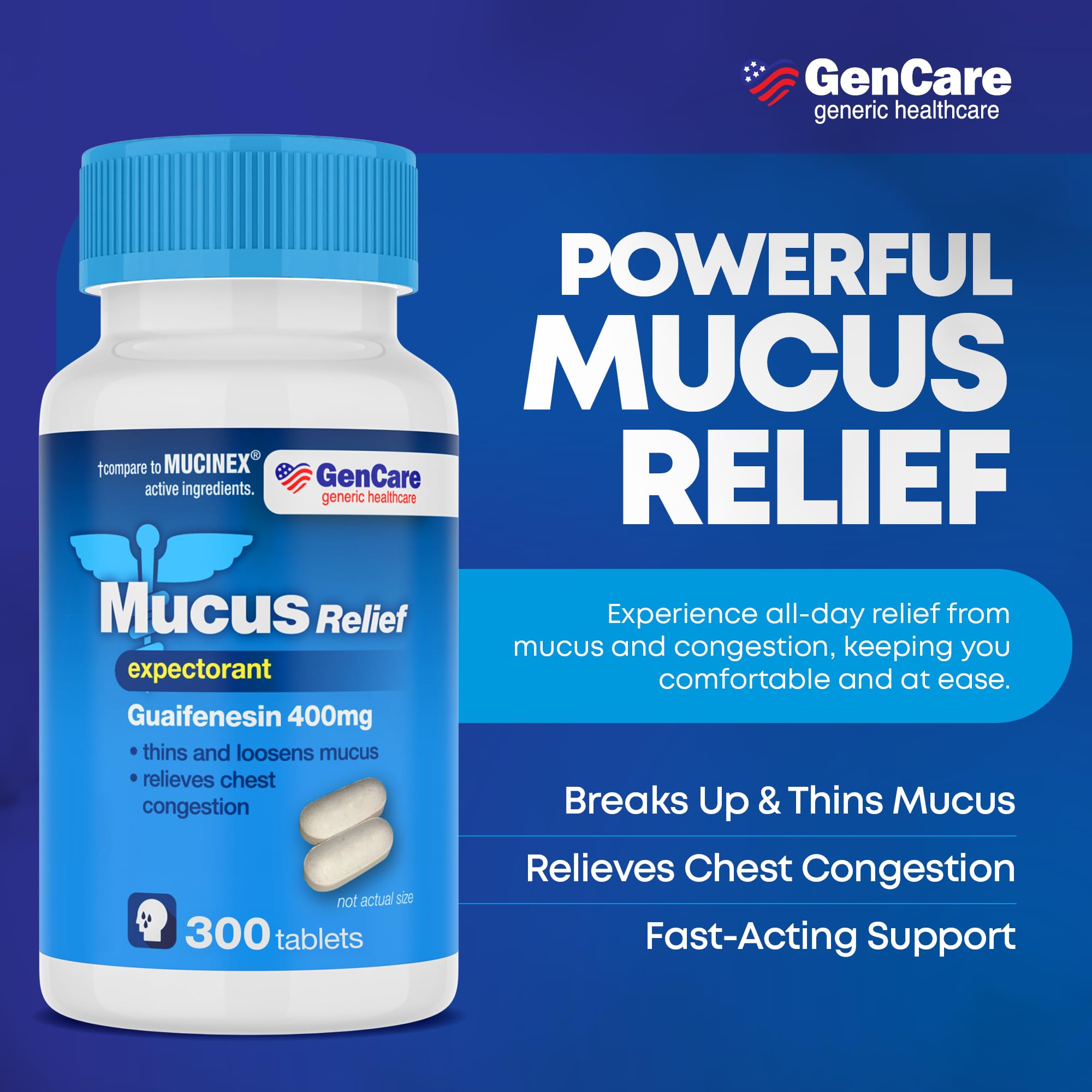 GenCare Mucus Relief Expectorant Guaifenesin 400 mg 300 Tablets Value Pack - Fast Acting Thinning of Mucus for Colds, Chest Cong