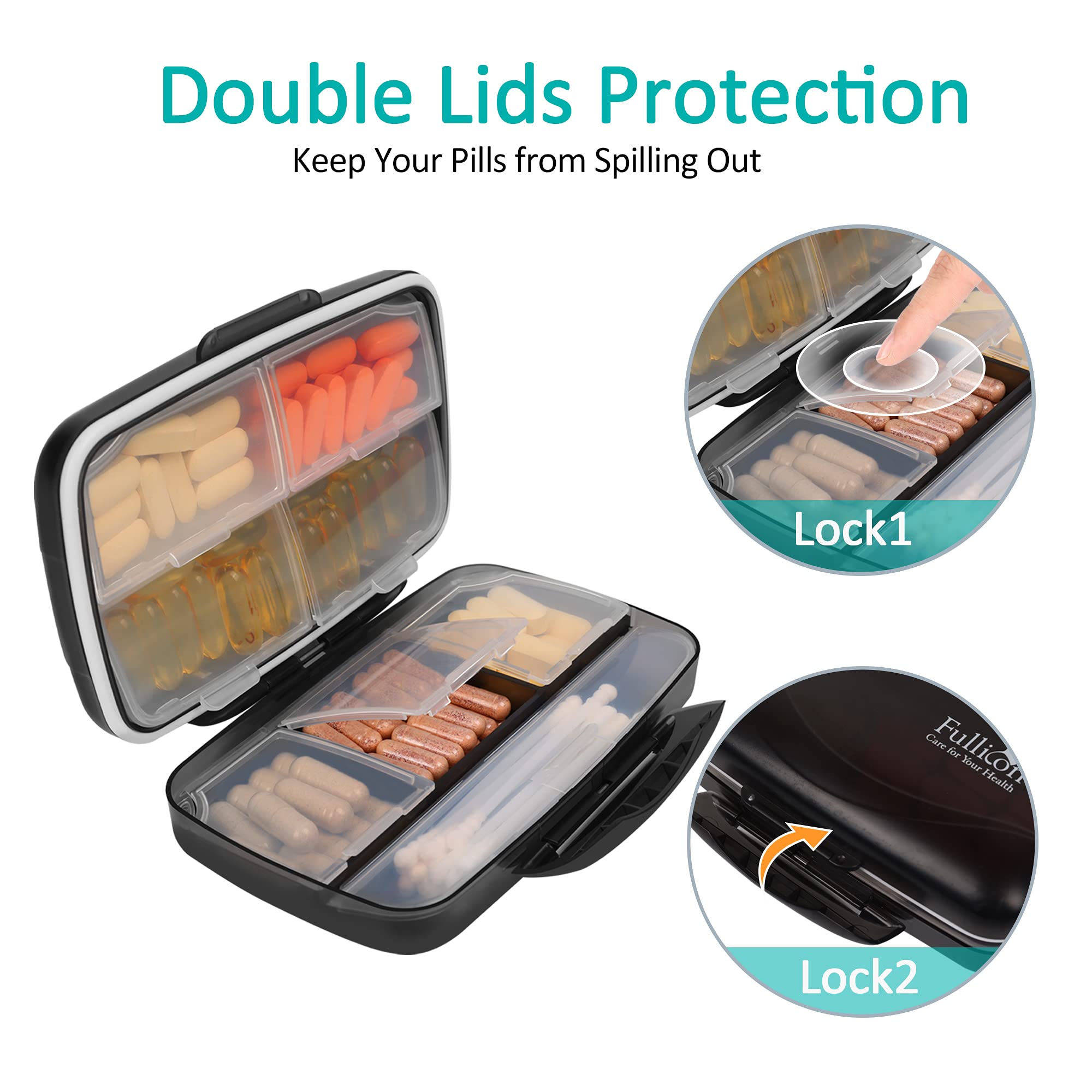Travel Pill Organizer Large Portable Moisture Proof Vitamin Case, Fullicon Oversize 8 Compartment Pill Box, Pill Holder - Airtig