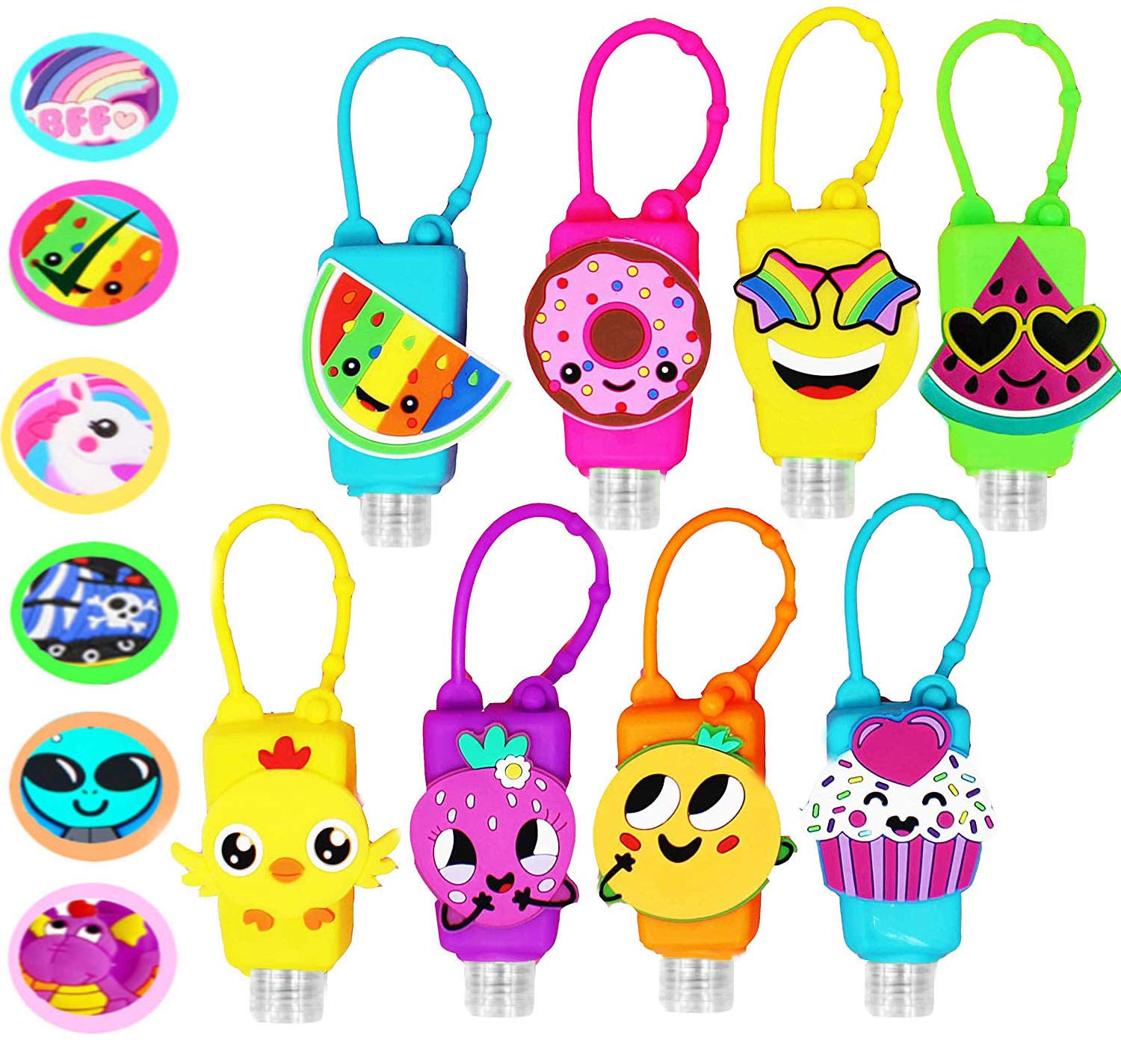 KINIA 8 Pack Empty Mixed Kids Hand Sanitizer Travel Size Holder Keychain Carrier, 8-1 fl Oz. Flip Cap Reusable Empty Portable Bo