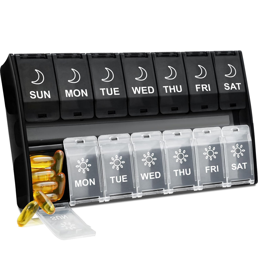 XL Large Pill Organizer 2 Times a Day, Weekly Am Pm Pill Box with Hinged Lids, 7 Day Medicine Vitamin Pill Case, Daily Pill Cont