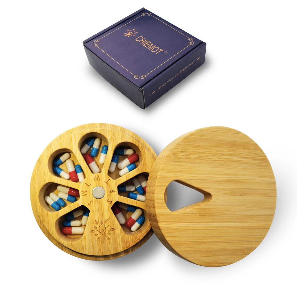 Bamboo Wood Pill Organizer for Medicine Vitamin Weekly, Arthritis Friendly 7-Day Pill Box Medium Container Holder, Daily Portabl
