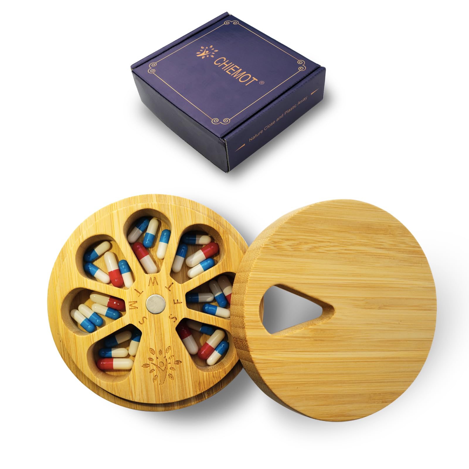 Bamboo Wood Pill Organizer for Medicine Vitamin Weekly, Arthritis Friendly 7-Day Pill Box Medium Container Holder, Daily Portabl