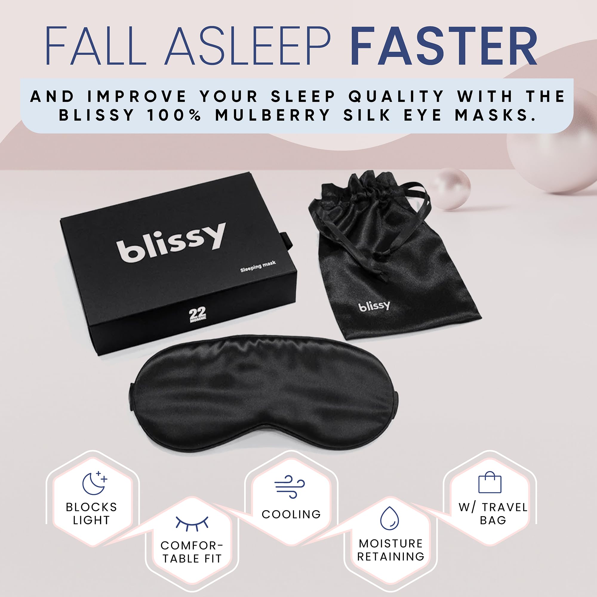 Blissy Silk Sleep Mask - Silk Eye Sleeping Mask for Women & Men for Total Blackout - Silk Eye Mask - 100% Pure Mulberry Silk, 22