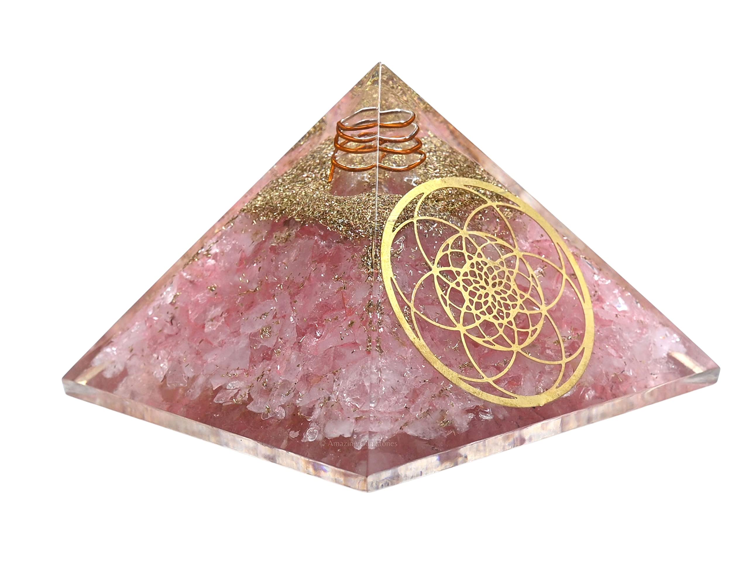 Amazing Gemstone Large Rose Quartz Orgone Pyramid Crystal, Sacred Flower of Life Orgonite Pyramid - Positive Energy Healing