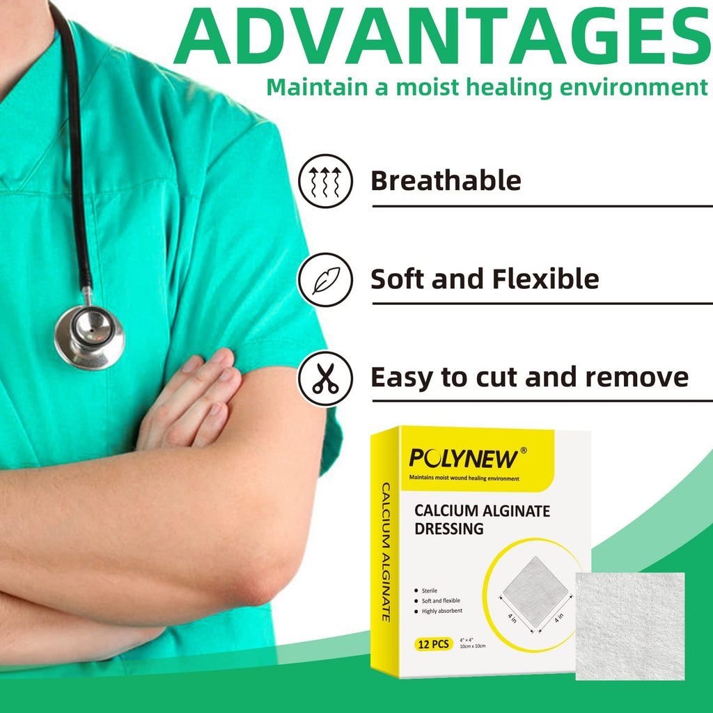 Polynew Calcium Alginate Wound Dressing, 4 x 4-12 Pcs/Box Soft and Highly Absorbent Pads, Home Health Care, Medical Supplies