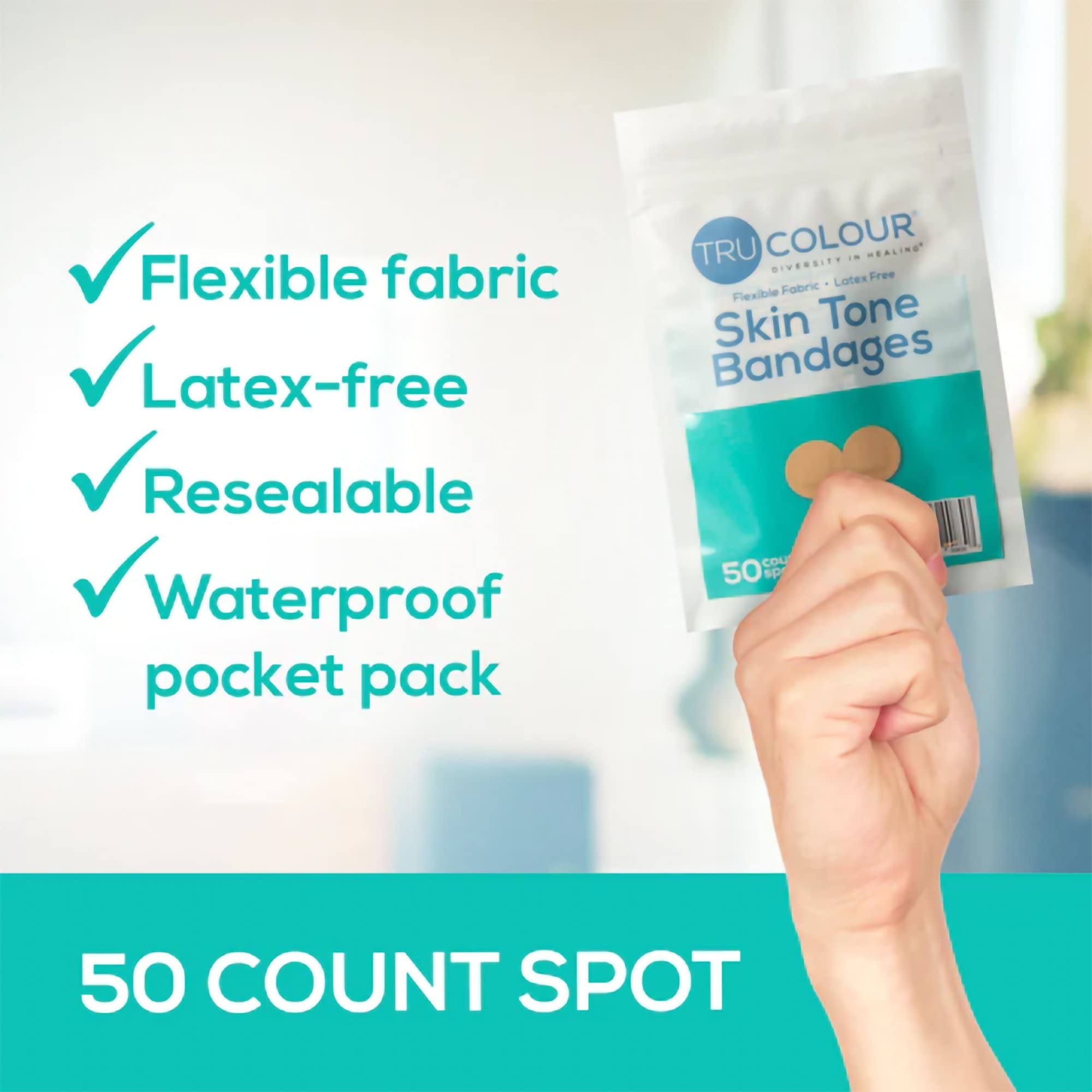 Tru-Colour Skin Tone Spot Bandages, Resealable Bag (50 Count) - Flexible, Waterproof, PFAS-Free Adhesive Strips Help Protect Bli