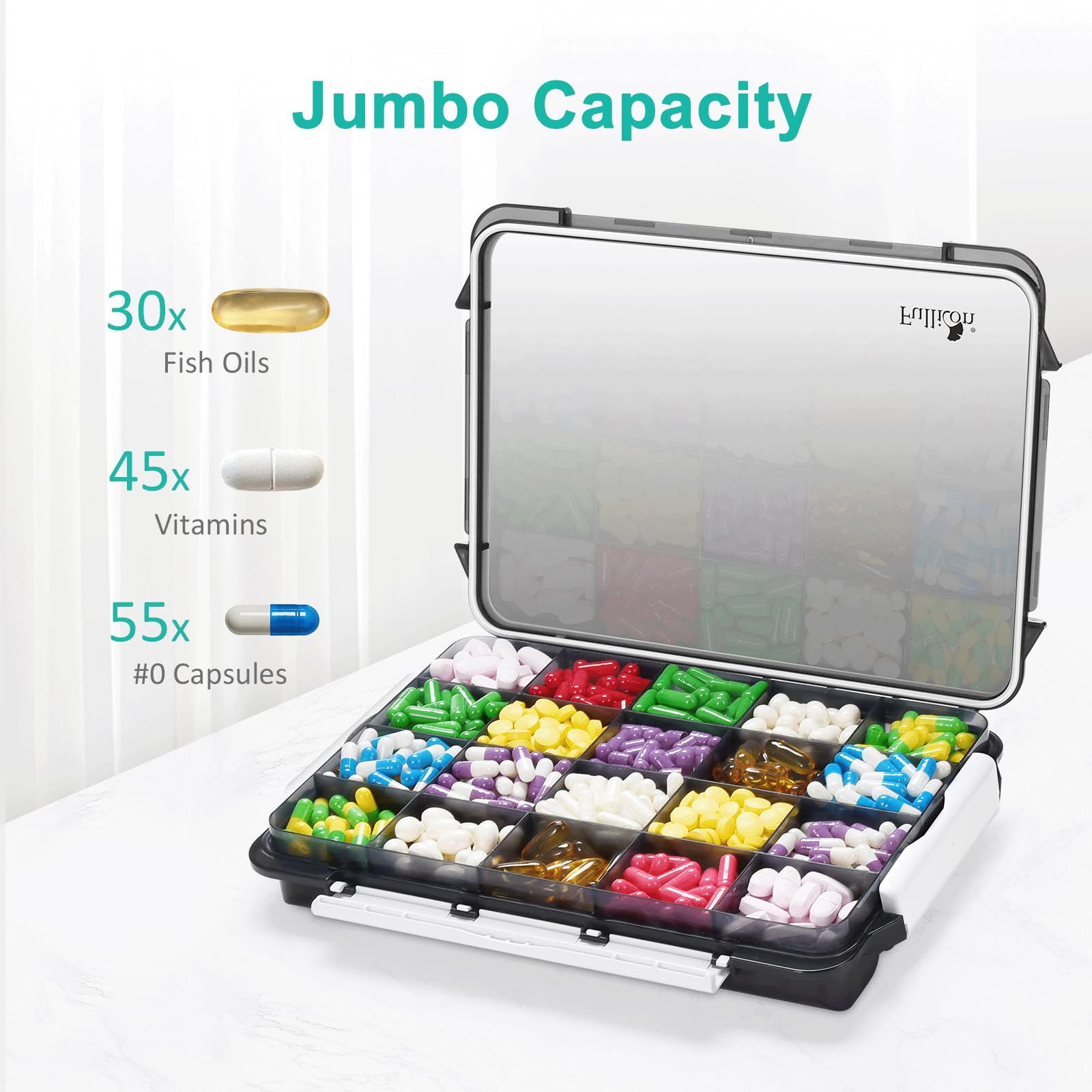 Fullicon Extra Large Pill Organizer with Moisture Proof Design, Travel Jumbo Pill Box with 20 Compartment, Supplement Organizer