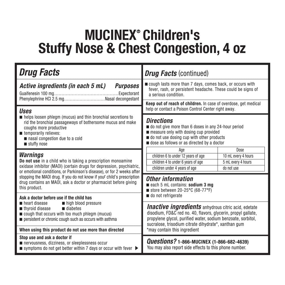 Mucinex Childrens Liquid - Stuffy Nose & Cold Mixed Berry 4 oz. (Packaging May Vary)