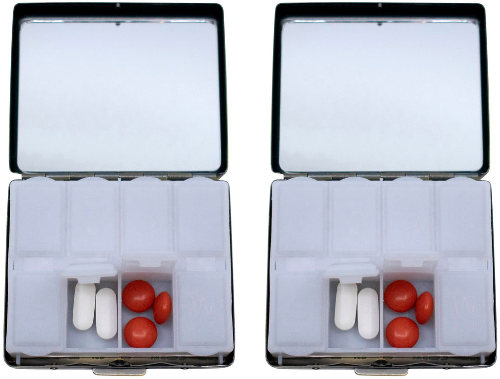 Set of 2 Metal-Plated Weekly (7-Day) Pill Box Case & Portable Medicine Organizer (Antique Brass Victorian)